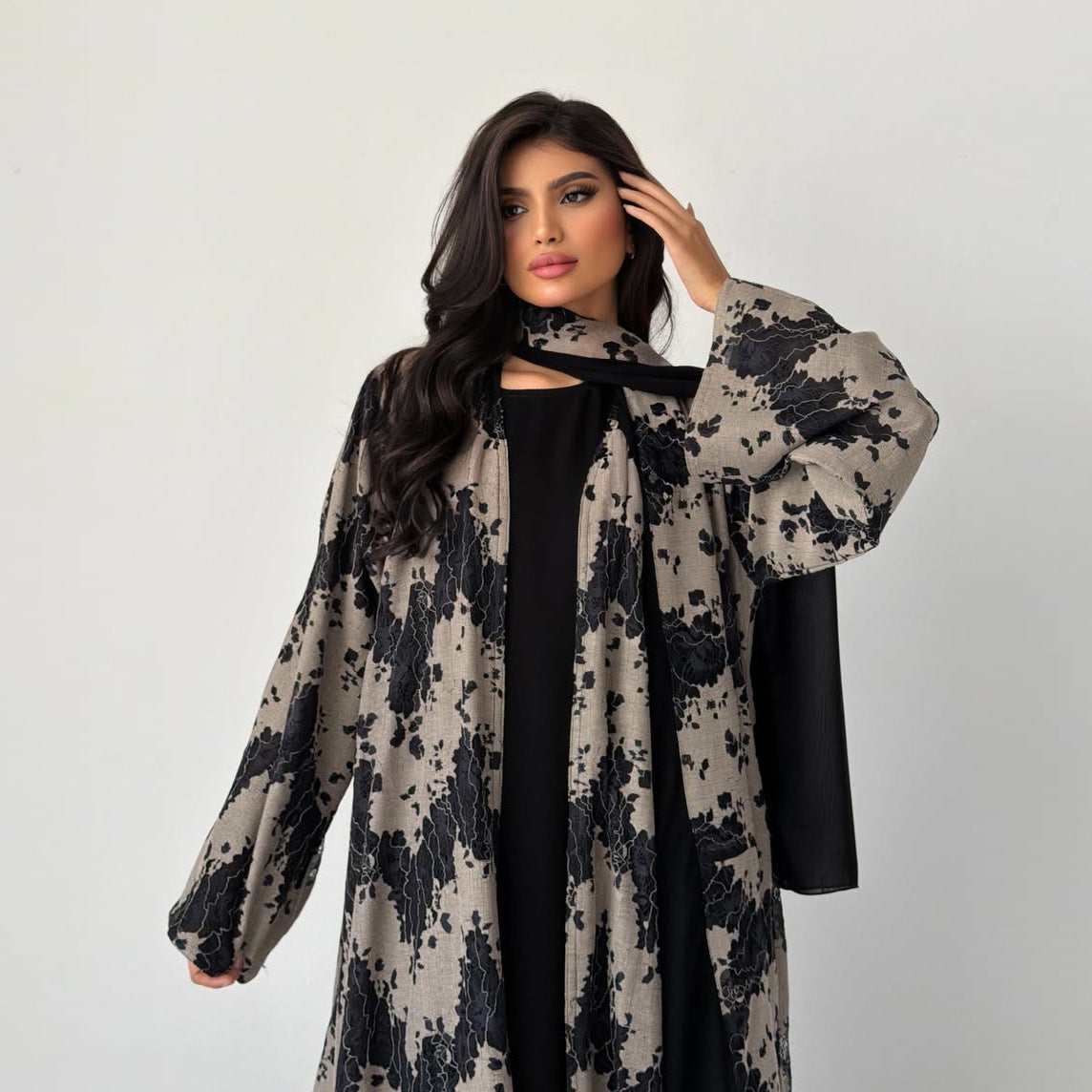 Black Lace Embellished Maxi Abaya with Hijab Two-Piece Set - Plus Size