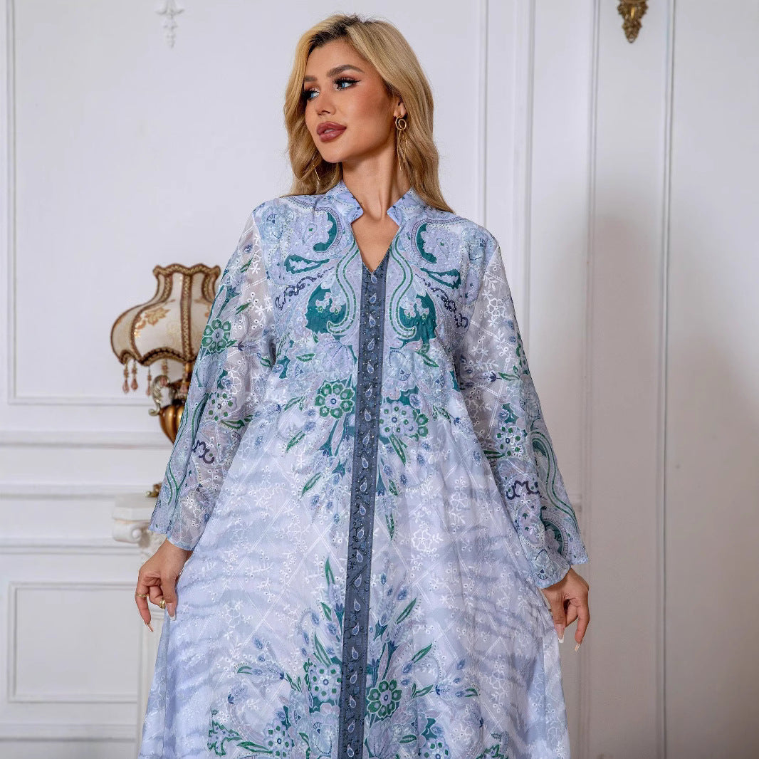 Light Blue Floral Print Rhinestone Embroidered Maxi Abaya Dress