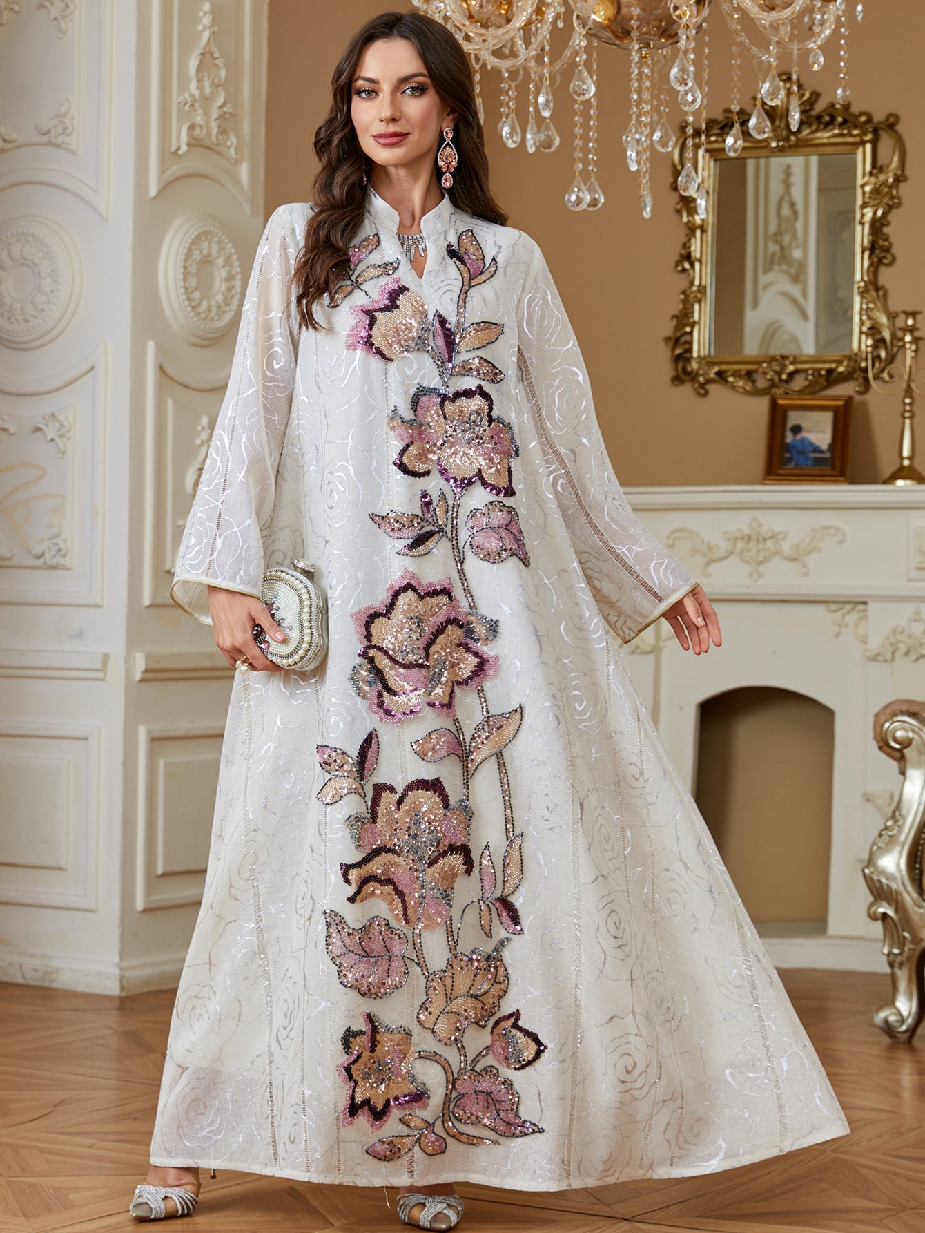 Women Stand Collar White Abaya Subtle Rose Jacquard Fabric Vertical Large Floral Sequin Embroidery Loose Wide Sleeve Maxi Kaftan Dress For Wedding Ramadan Formal Gala
