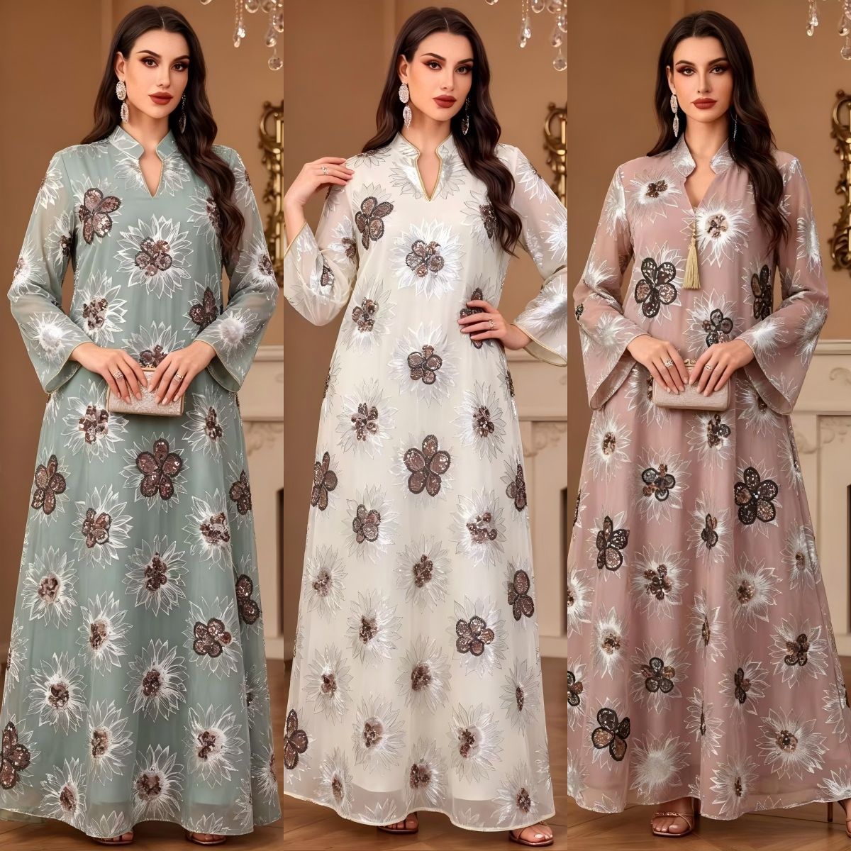 Green Lotus Pink White V-Neck Beaded Ethnic Print Maxi Abaya Dress