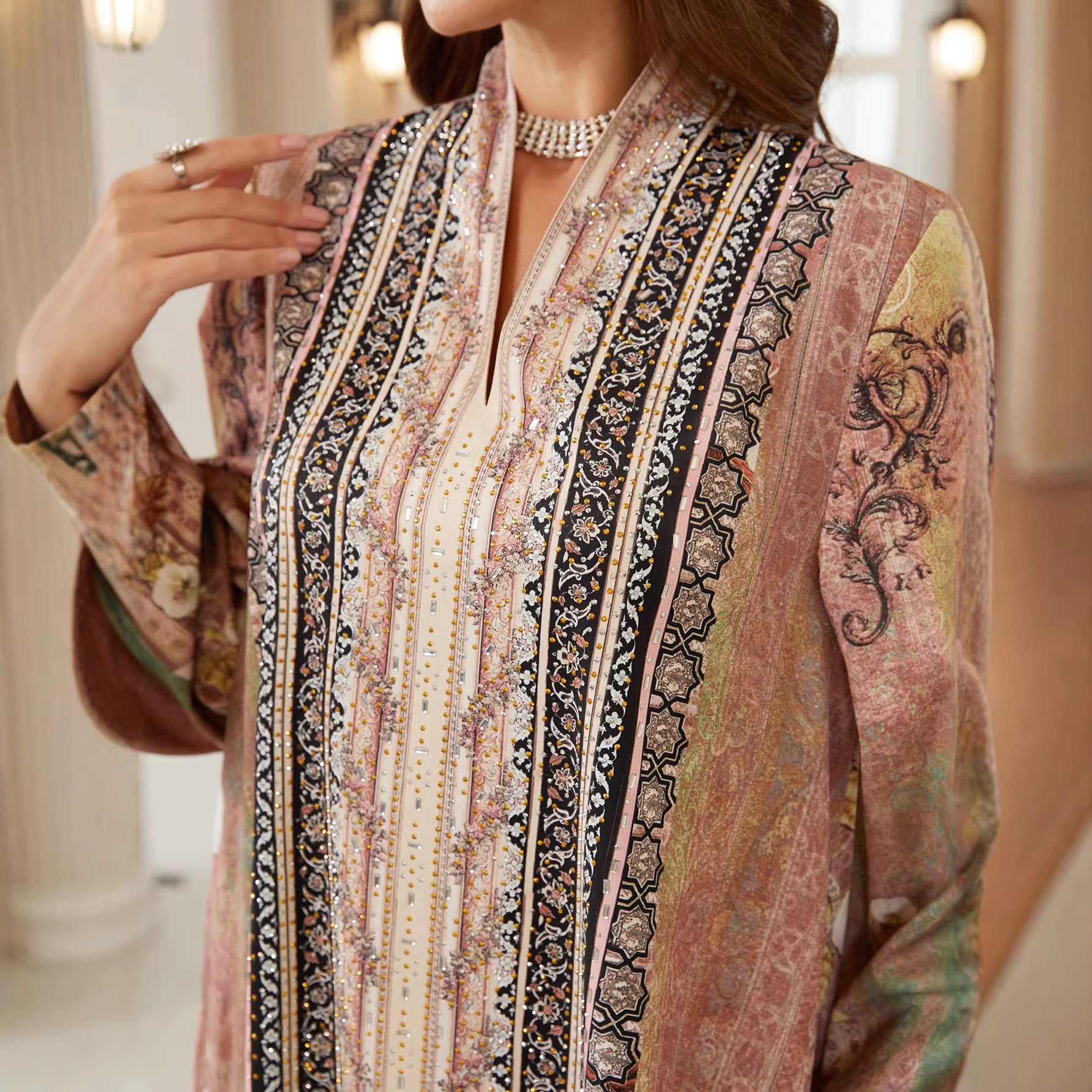 Fresh Floral Spring Kaftan – Rhinestone Modest Pullover Dress
