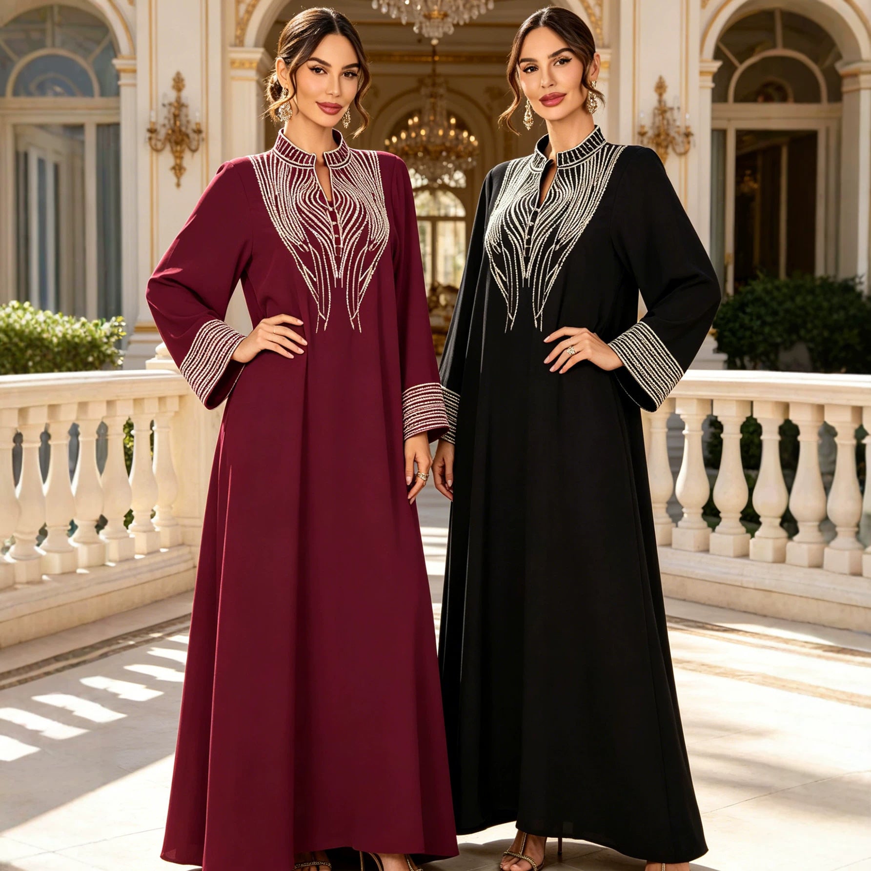 Wine Red and Black Embroidered Pullover V-Neck Maxi Abaya Dress