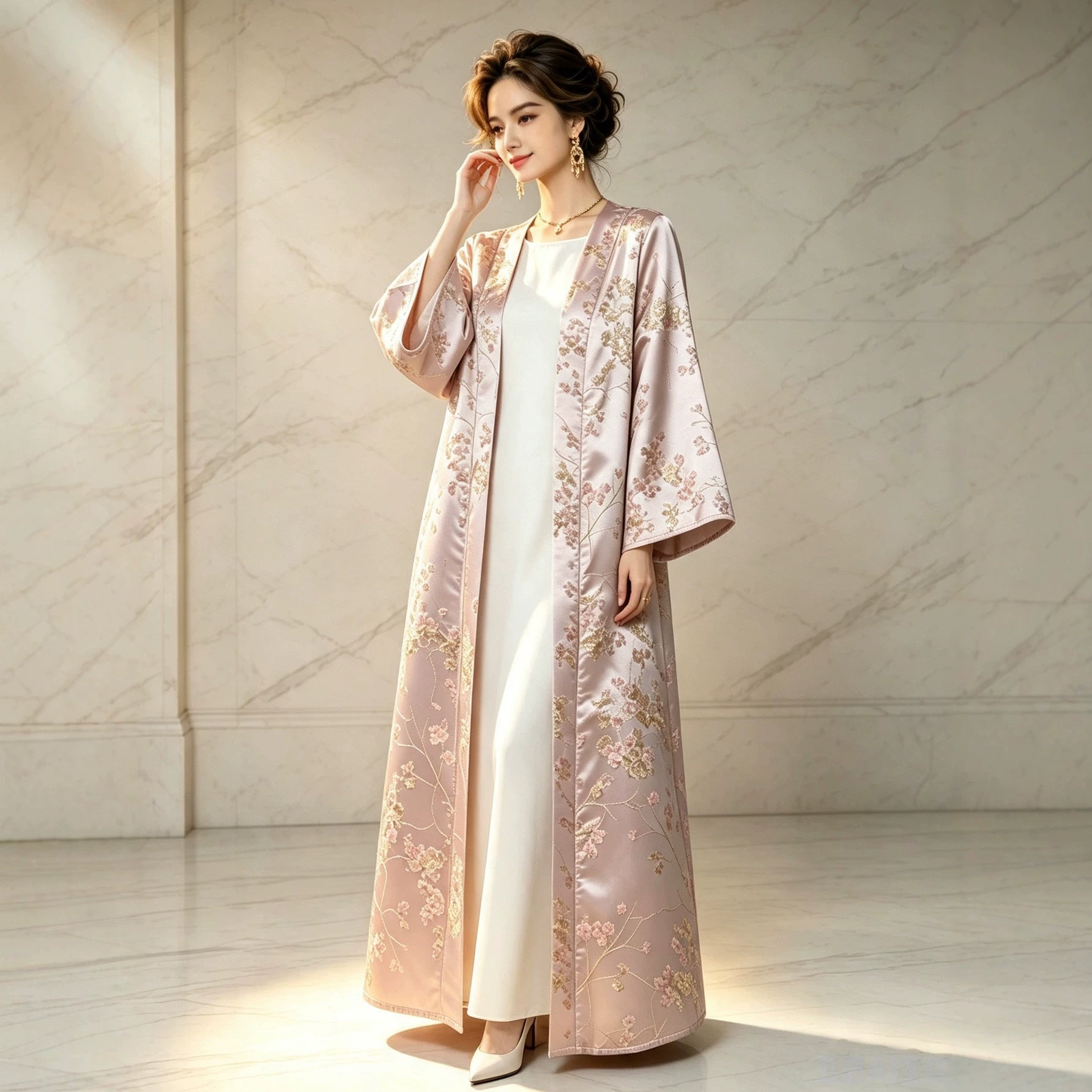 Pink Satin Gold Thread Embroidered Open Cardigan Maxi Abaya Dress Jalabiya Modest Long Dress for Eid Ramadan Festive Celebration S-XXL