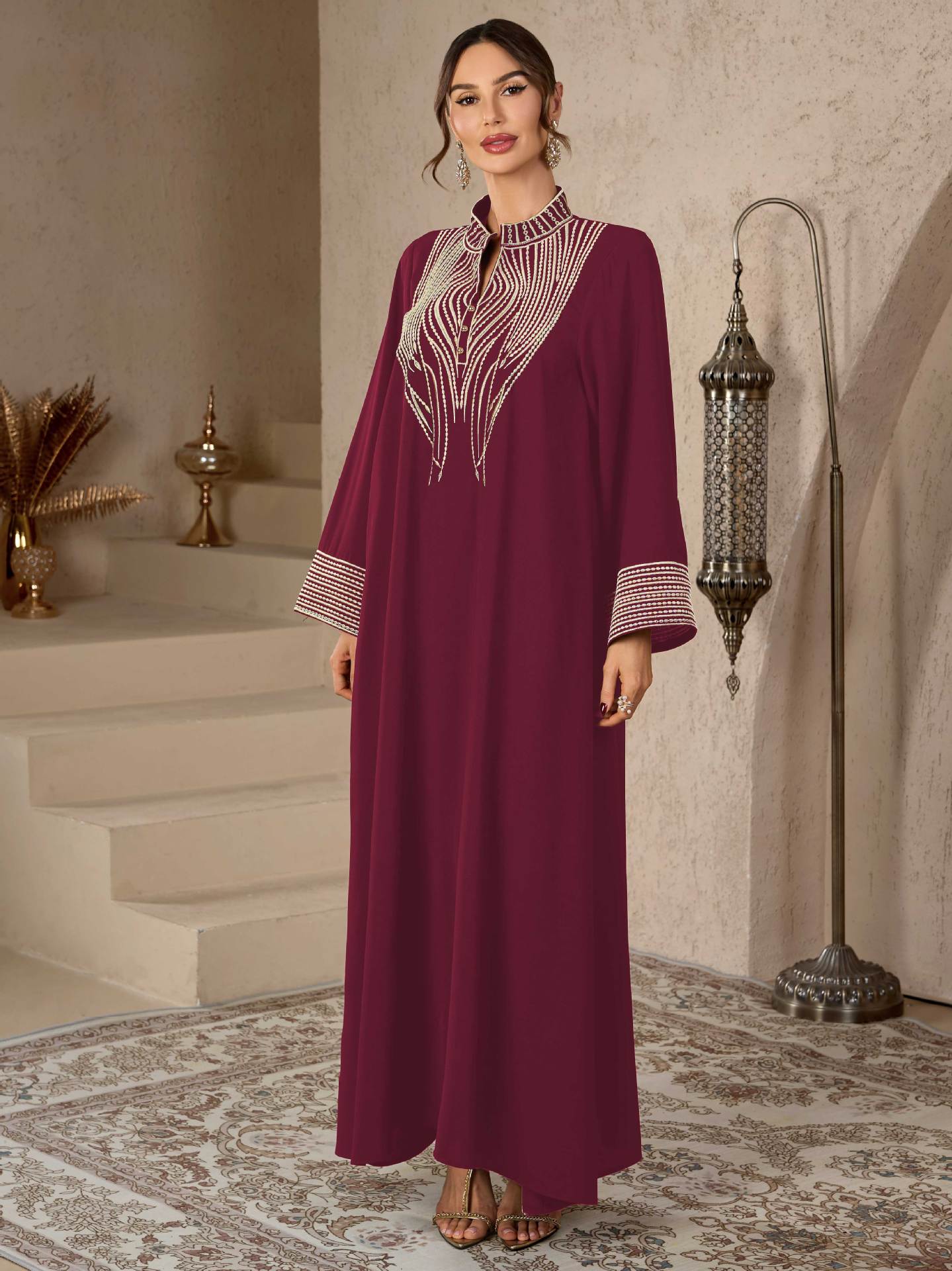 Wine Red and Black Embroidered Pullover V-Neck Maxi Abaya Dress