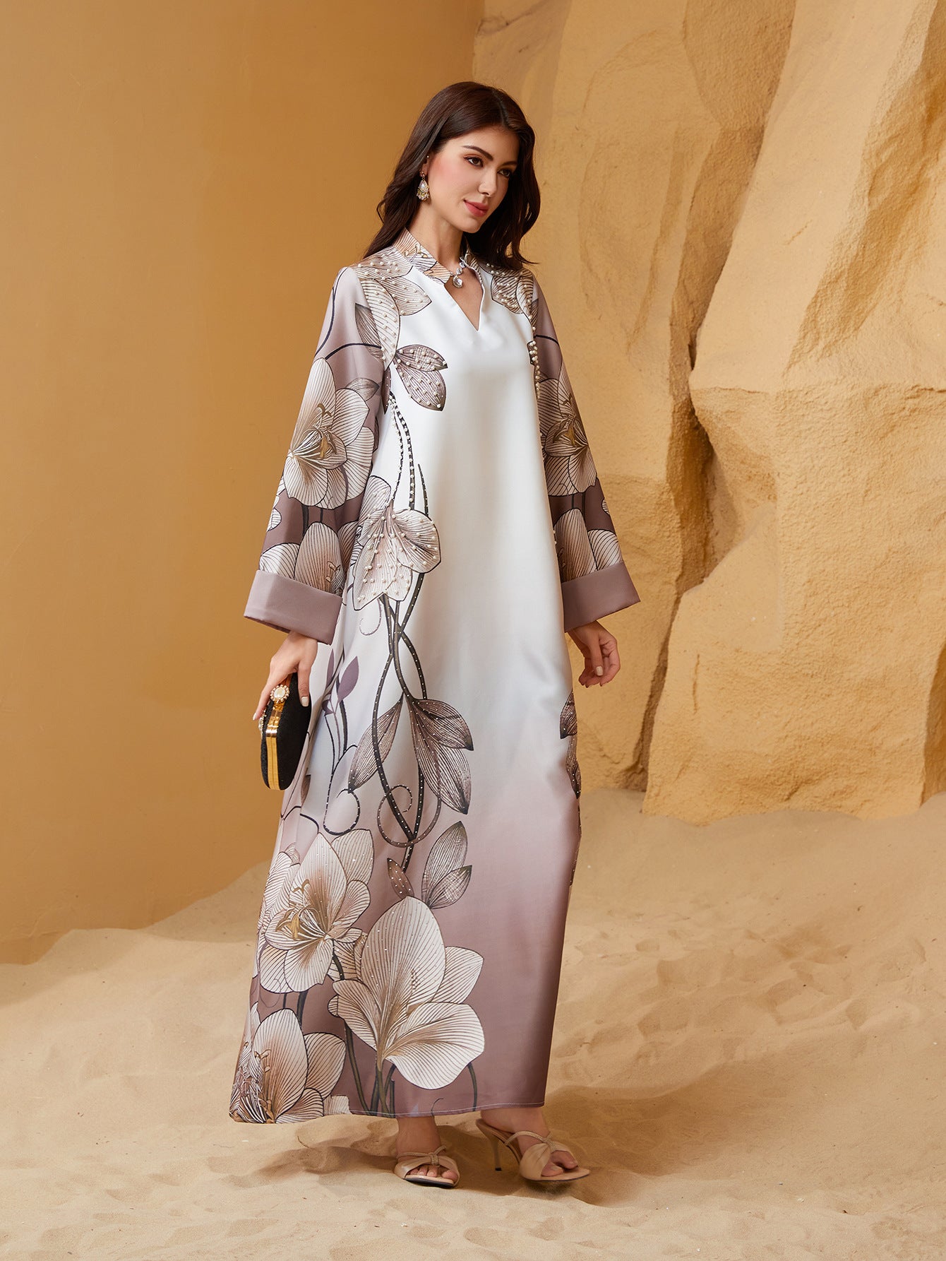 Coffee Reversed Sleeve Rhinestone Beaded V-Neck Maxi Dress
