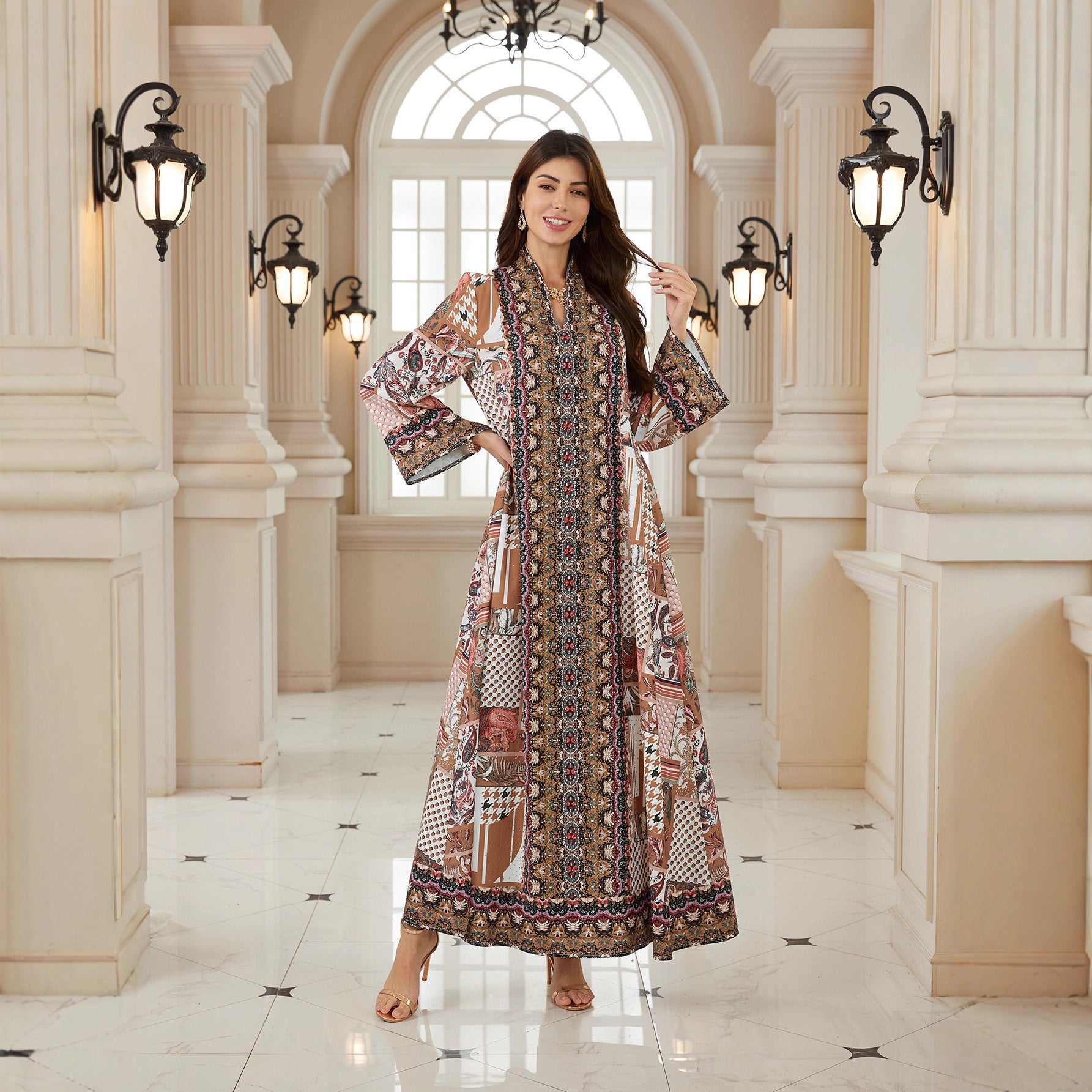 Charming Floral Jalabiya – Rhinestone Embroidered Muslim Maxi Dress