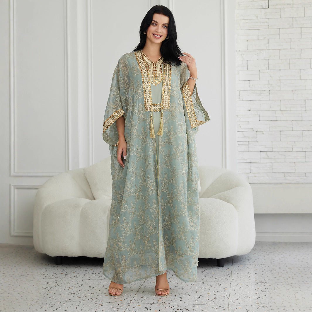 2 Piece Luxury Sheer Lace Kaftan Abaya Gold Embroidery Beaded Tassel Dubai Moroccan Modest Dress For Eid Ramadan Wedding Party