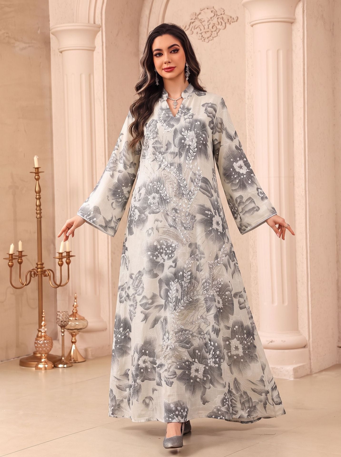 Beaded Sequin Applique Ethnic Pattern Gown Jalabiya Modest Loose Long Maxi Dress for Muslim Women Eid Ramadan M-XXL