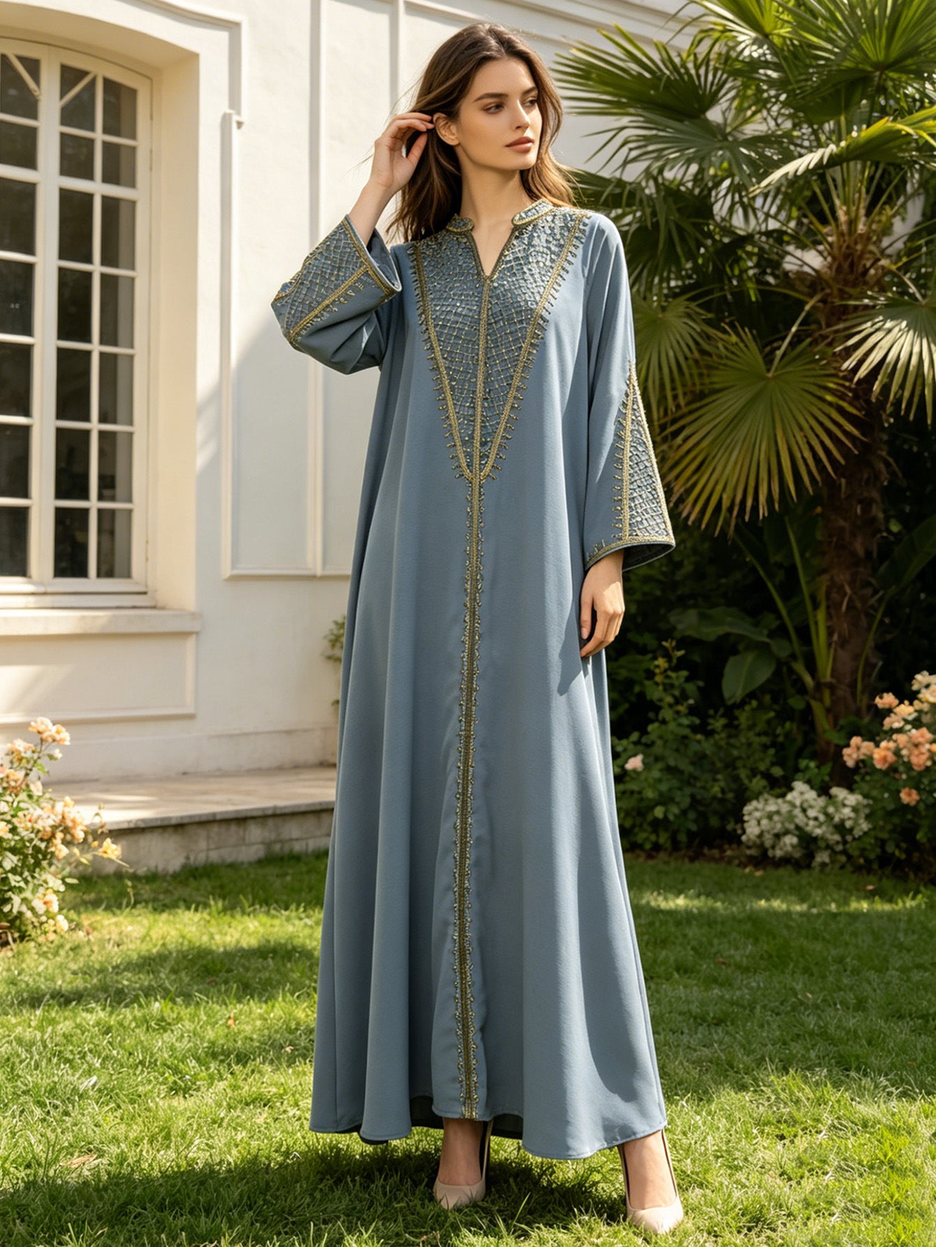 Sea Blue and Navy Heavy Gold Thread Embroidered Maxi Dress