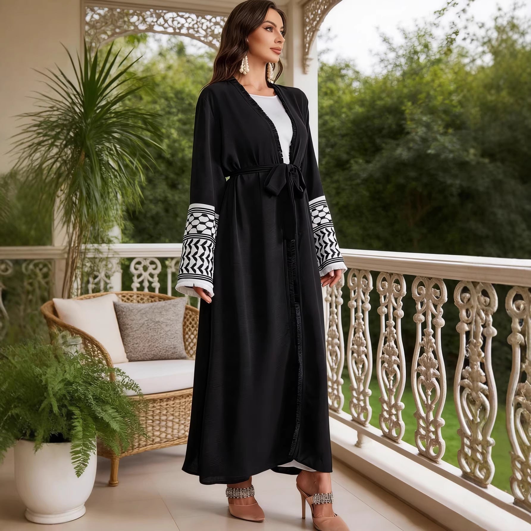 Elegant Embroidered Pocket Open-Front Cardigan Belted Abaya Maxi Dress Muslim Women Modest Long Jalabiya Kaftan for Eid