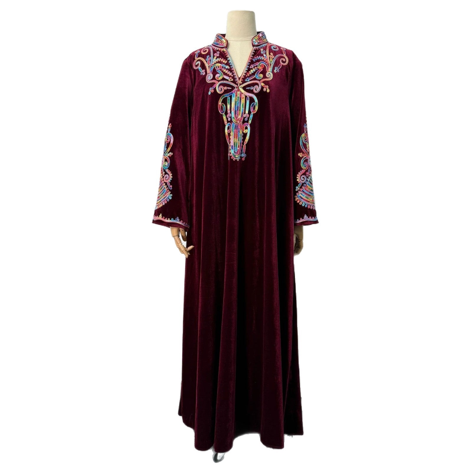 Navy and Wine Red Rhinestone Applique Stand Collar Maxi Abaya Dress Jalabiya Modest Long Dress for Muslim Women Eid Ramadan Formal S-XXL