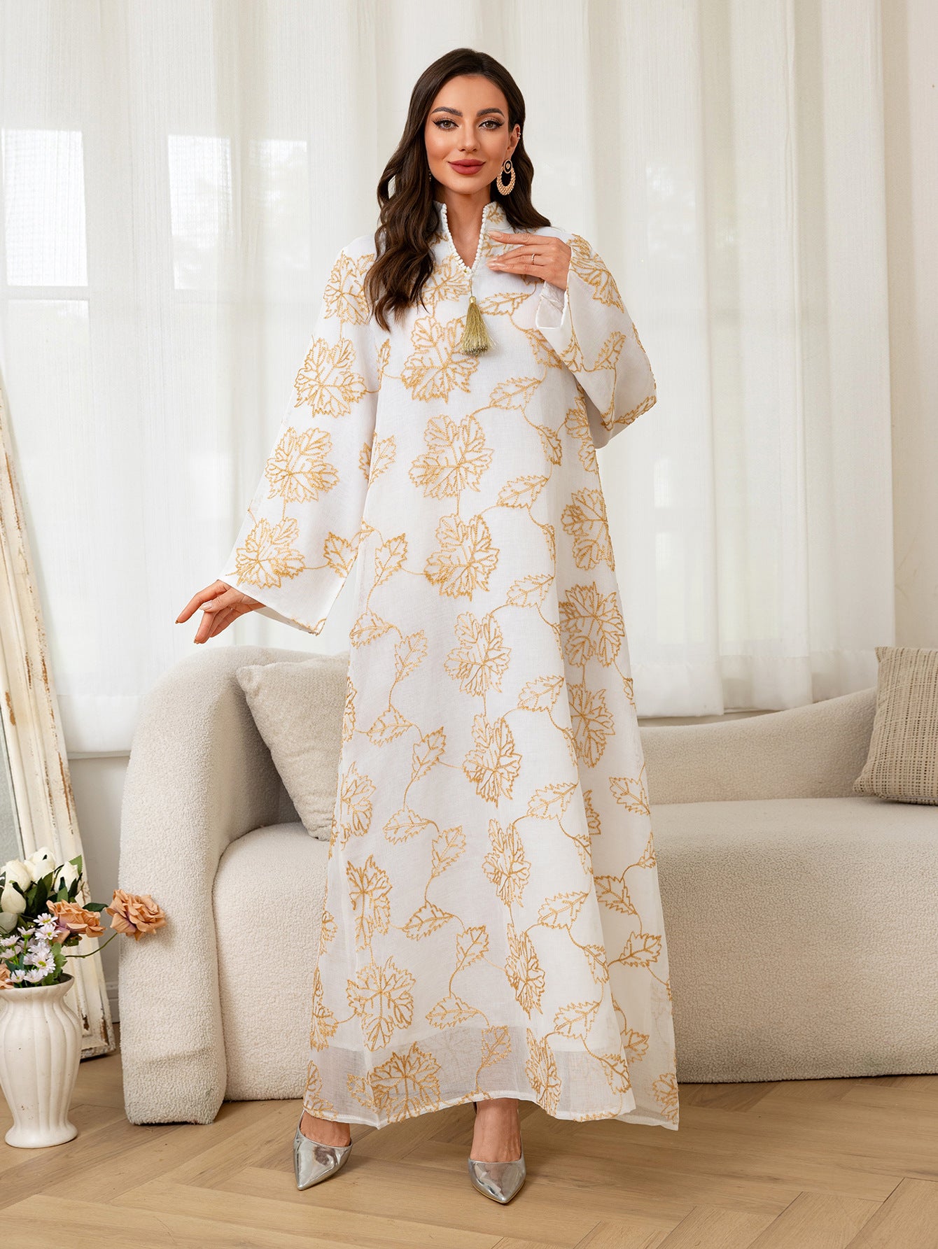 Fringed Leaf Embroidered Mesh Kaftan Dress Jalabiya Modest Long Maxi Dress for Muslim Women Eid Ramadan Daily Wear S-XXL