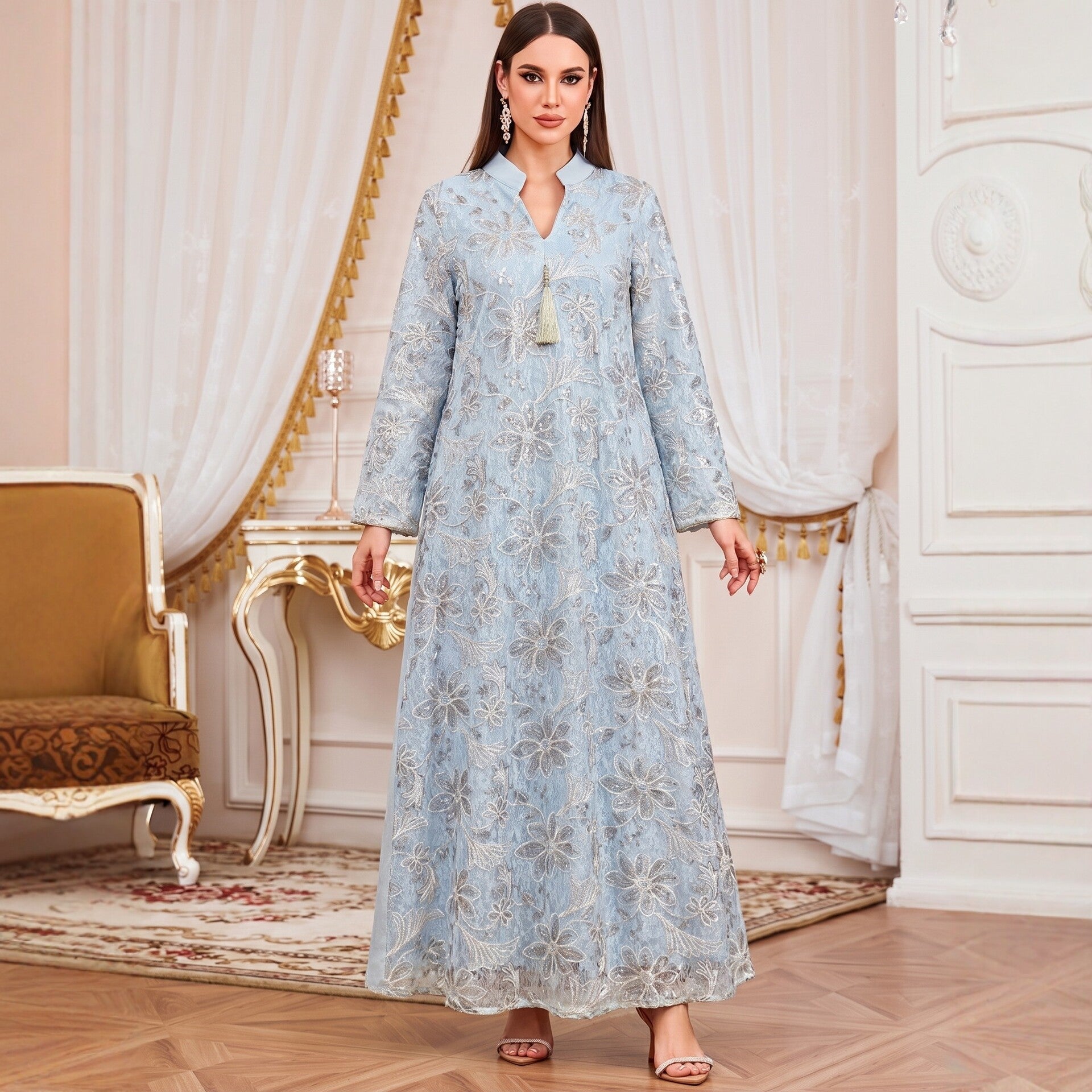 Apricot Pink Light Blue V-Neck Heavy Beaded Embroidered Abaya Maxi Dress