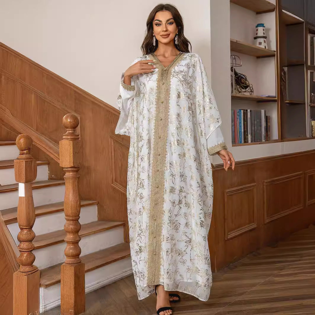 2026 Premium Soft Floral Handcrafted Modest Outer Tunic Light Grey Airflow Chiffon Full Pale Tiny Blossom Printed Open Front Robe V Notch Neck Adjustable Waist Tie Gentle Flare Swing Floor Silhouette Exclusive Pan-Arab Malay Craft Single Layer Cut Fo