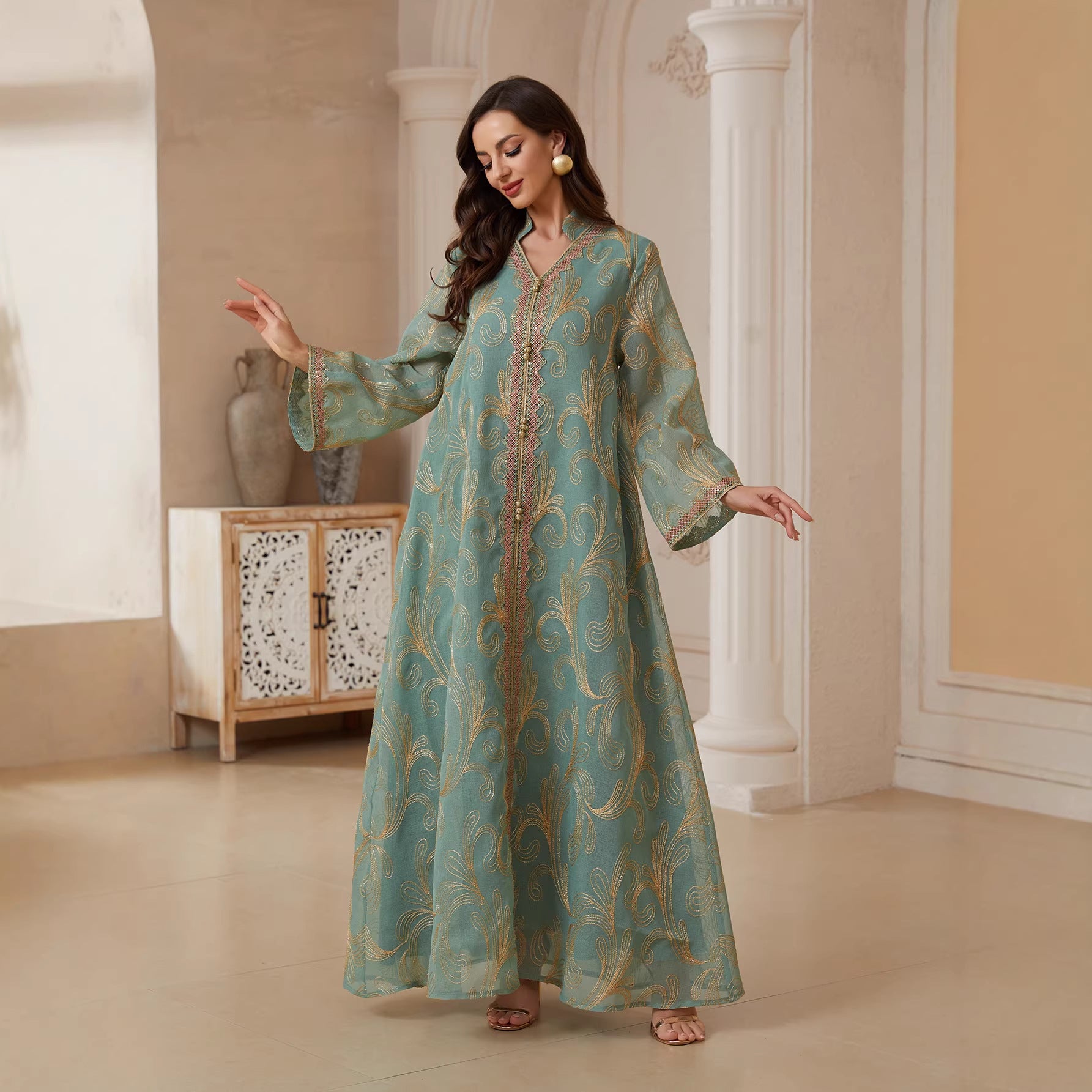 Elegant Embroidered Long-Sleeve Women's Abaya Gown