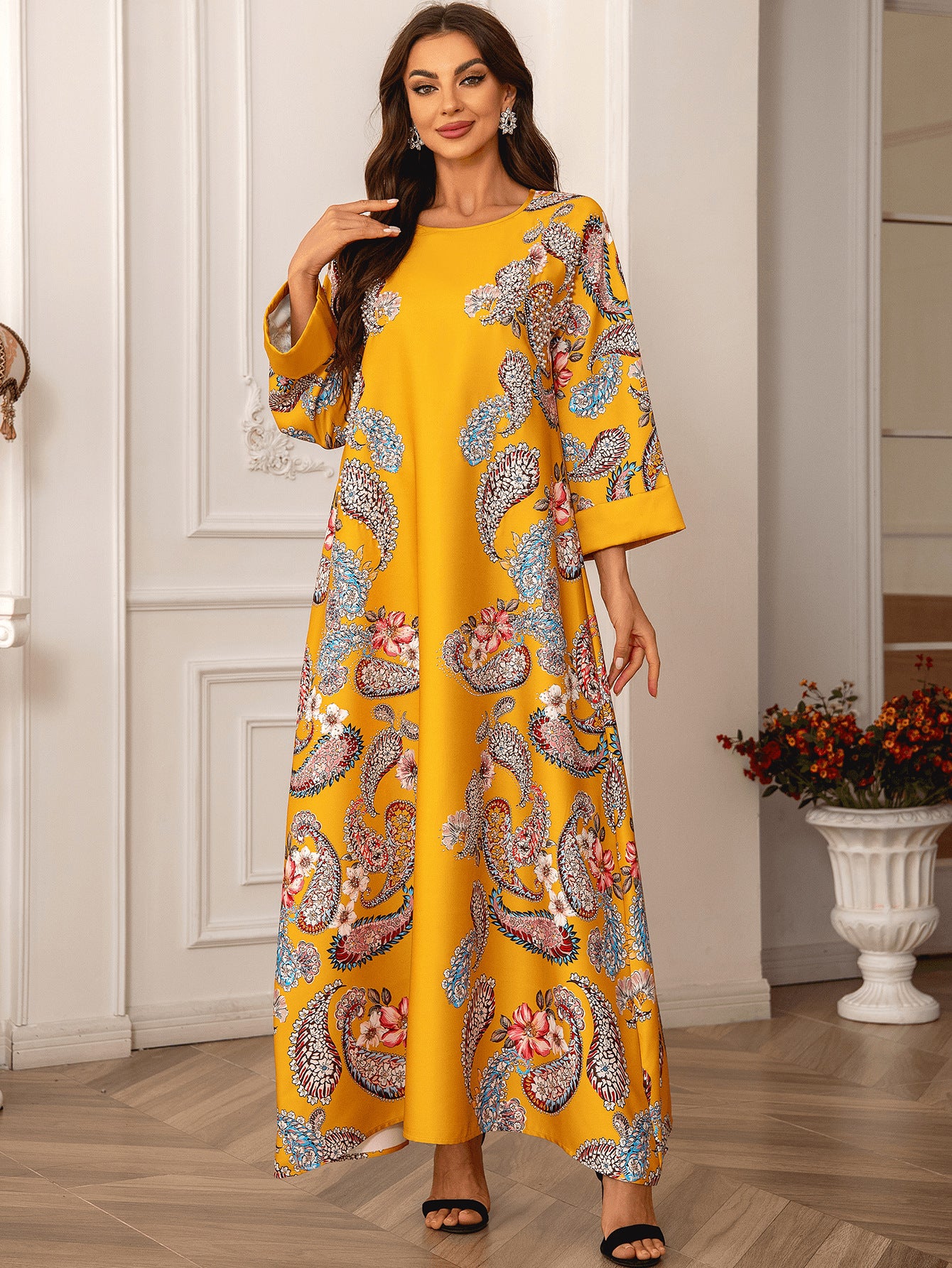 Yellow Floral Print Long Abaya - Plus Size Beaded African Robe