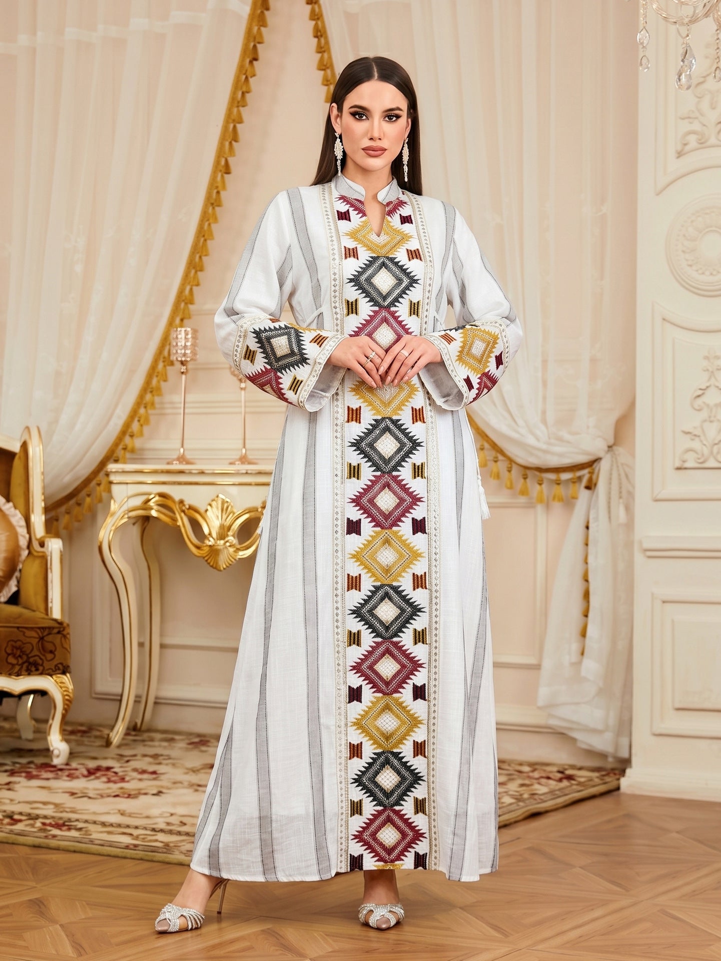 Embroidered Striped Patchwork Belted Gown Jalabiya Modest Slimming Long Maxi Dress for Muslim Women Eid Ramadan S-XXL