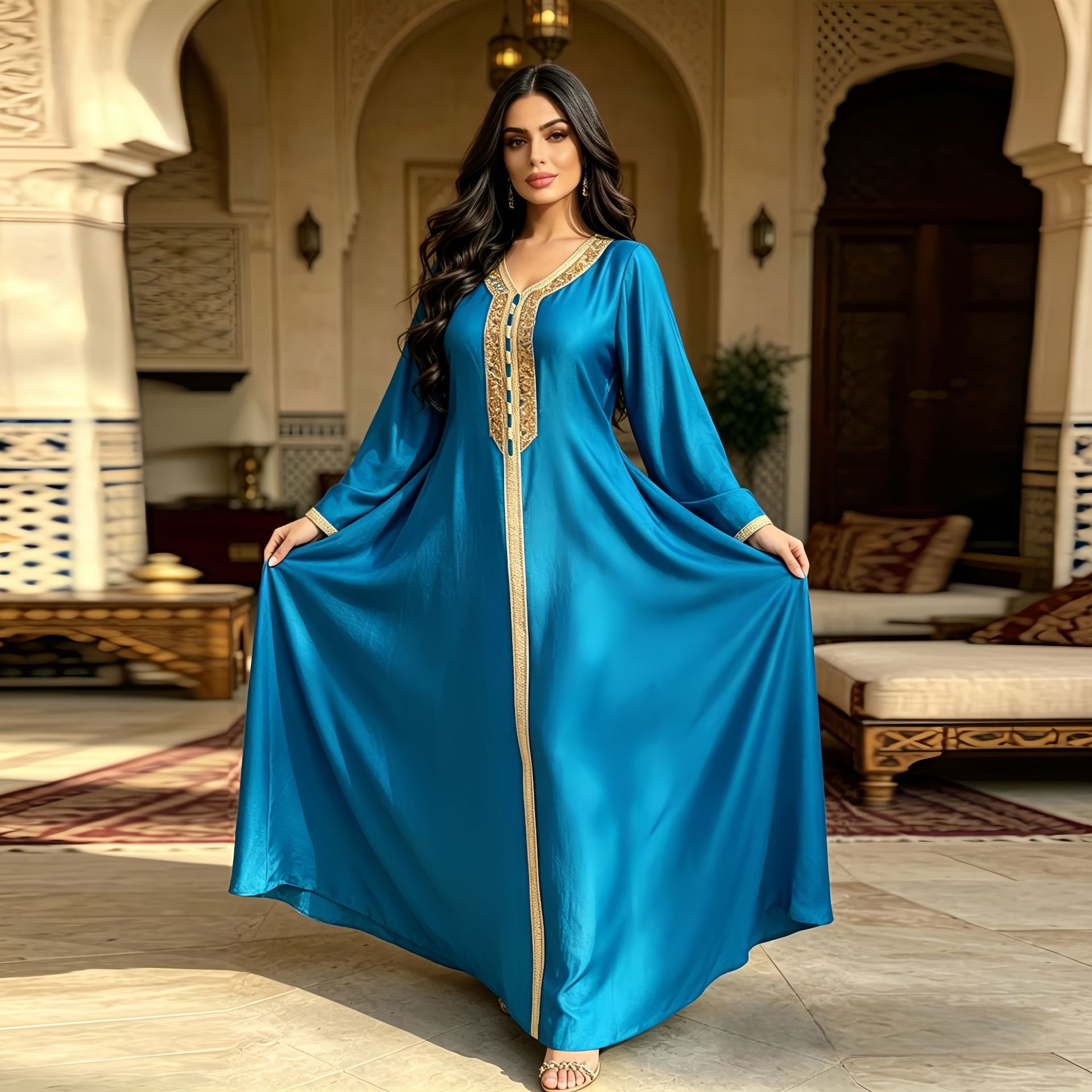 Moroccan Velvet Rhinestone Patchwork Ribbon Trim Plus Size Modest Maxi Dress