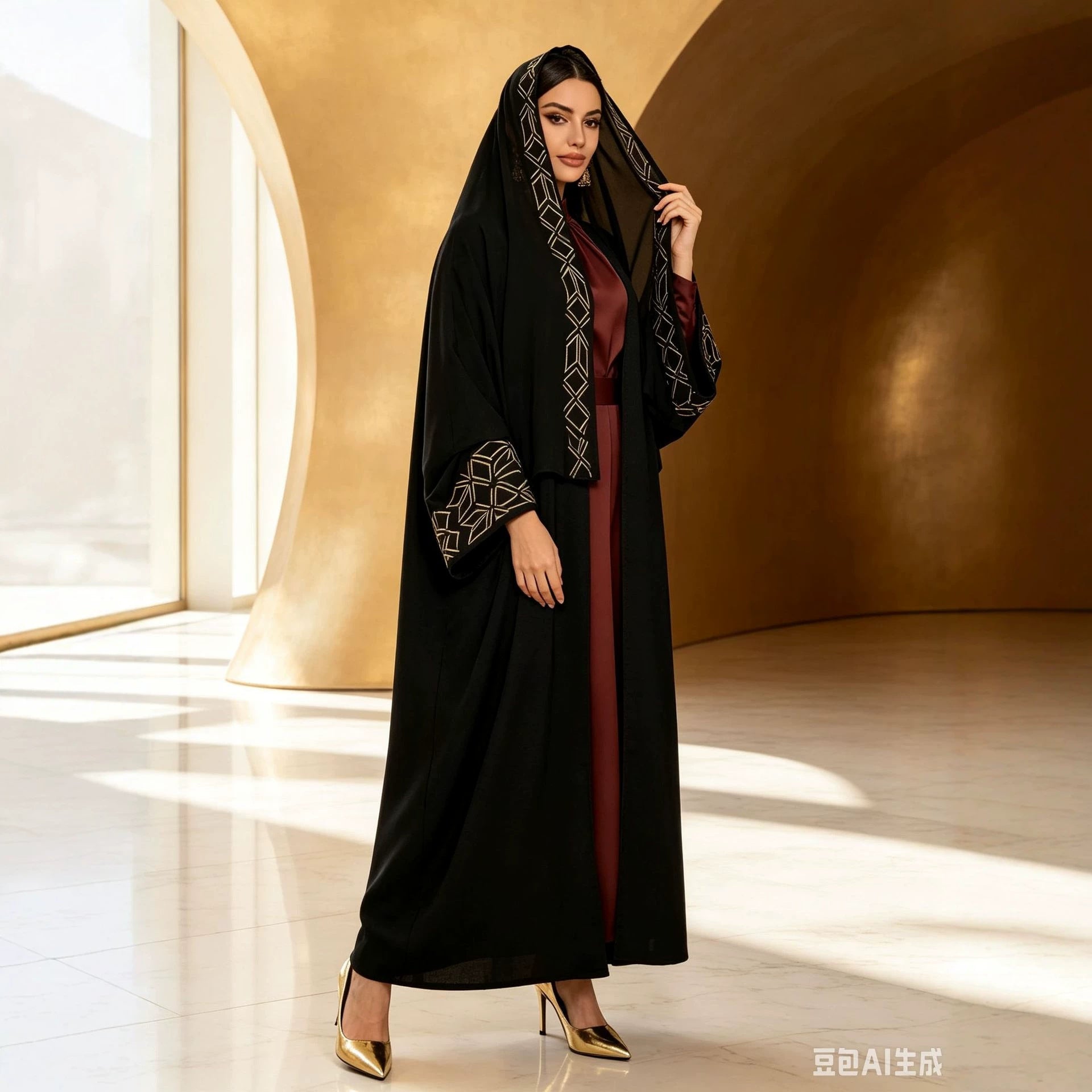 Black Embroidered Open Outerwear Maxi Abaya Dress with Hijab Two-Piece Set - Free Size