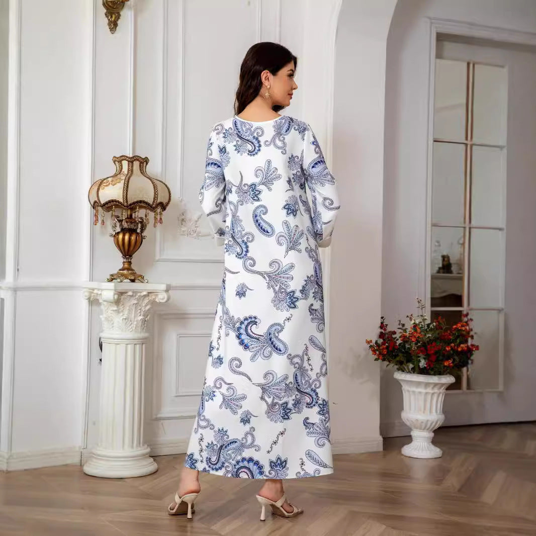 White Floral Print Evening Maxi Abaya Dress - Modest Long Sleeve Robe