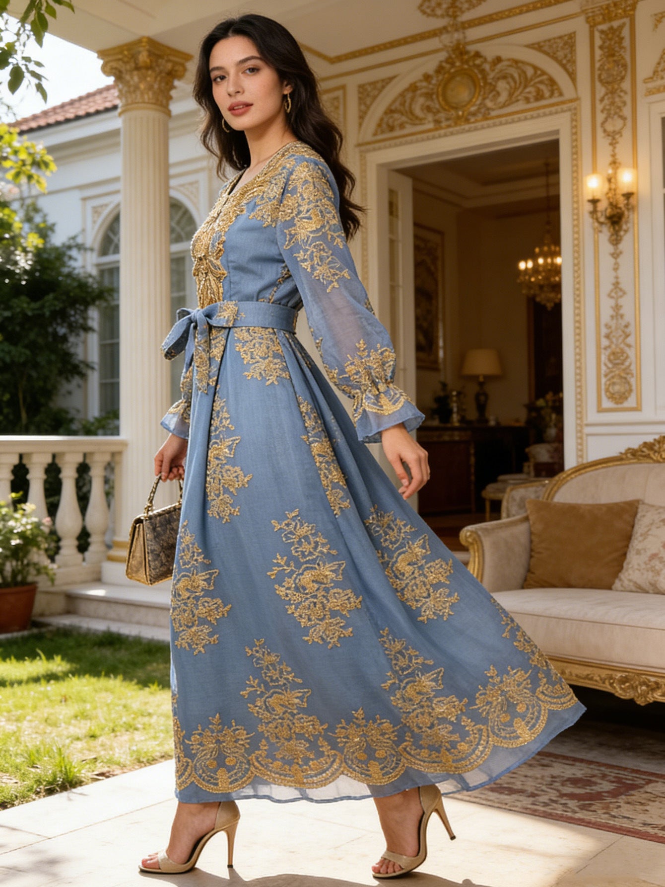 Green and Sky Blue Wedding Embroidered V-Neck Belted Maxi Dress Jalabiya Modest Long Dress for Muslim Women Eid Ramadan Formal Party S-XXL