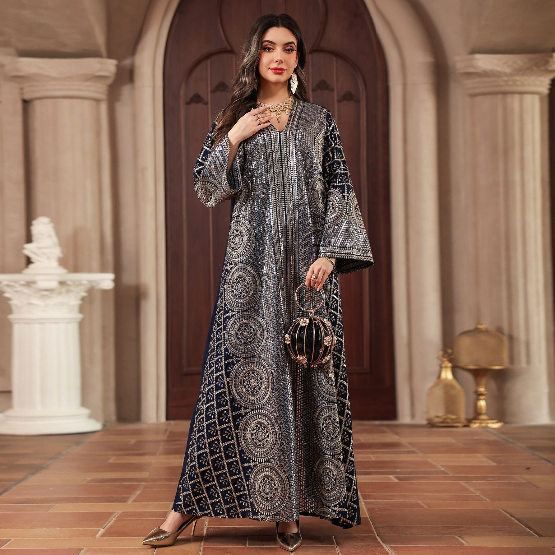 Elegant V Neck Muslim Formal Jalabiya Full Width Circular Sequin Embroidery Relaxed Wide Flare Sleeve Long Glitter Gown 3 Shades All Occasion Eid Holiday Wear