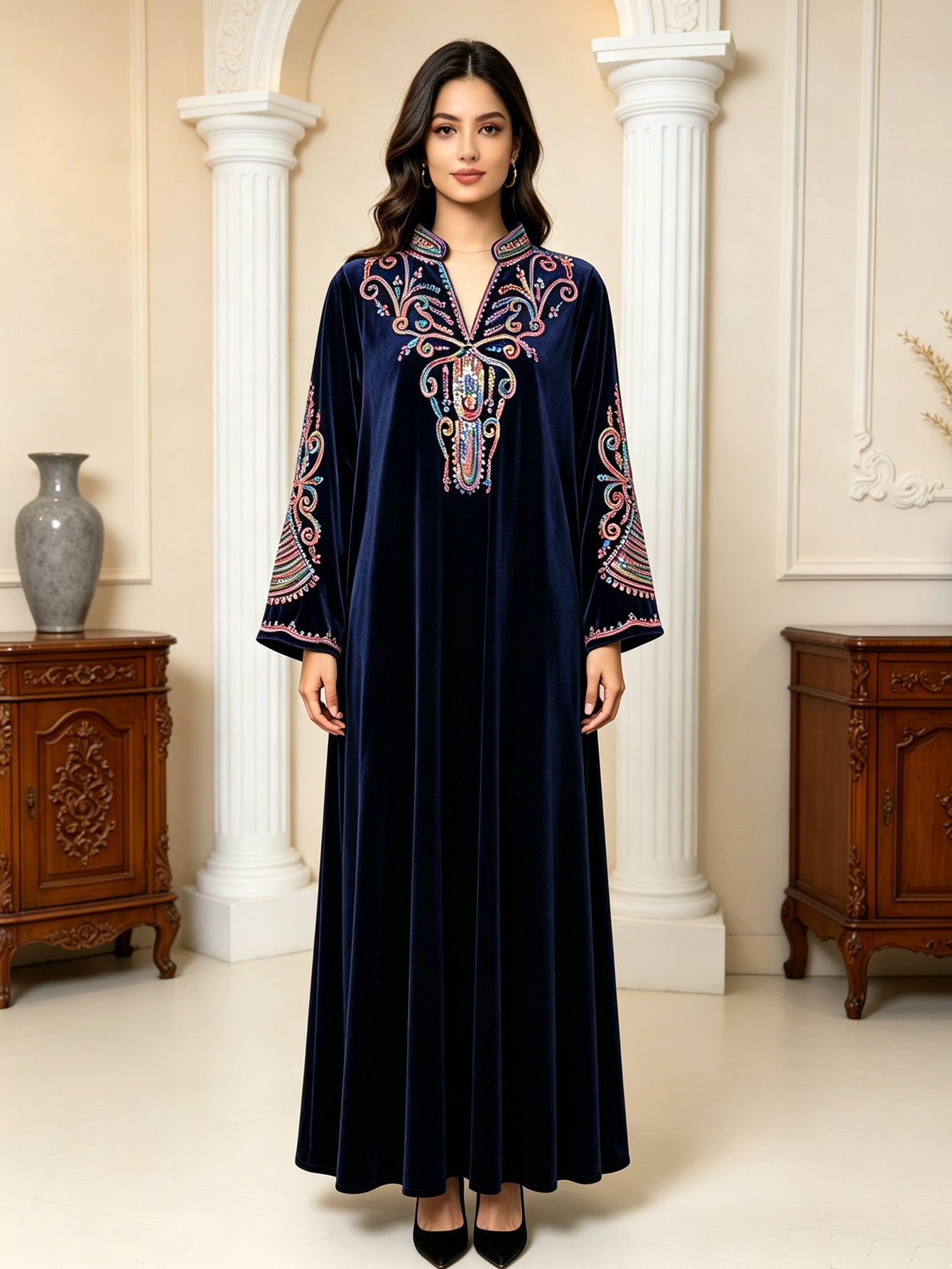 Two Color Embroidered Rhinestone Applique Stand Collar Maxi Dress