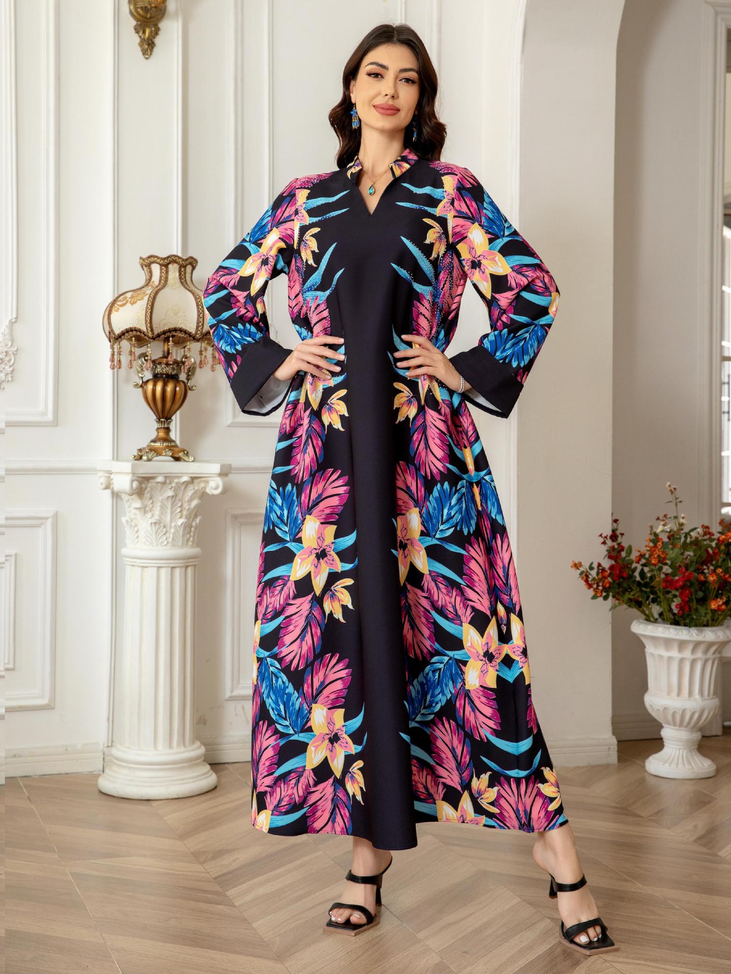 Black Floral Print Modest Abaya Dress - Long Sleeve Everyday Robe