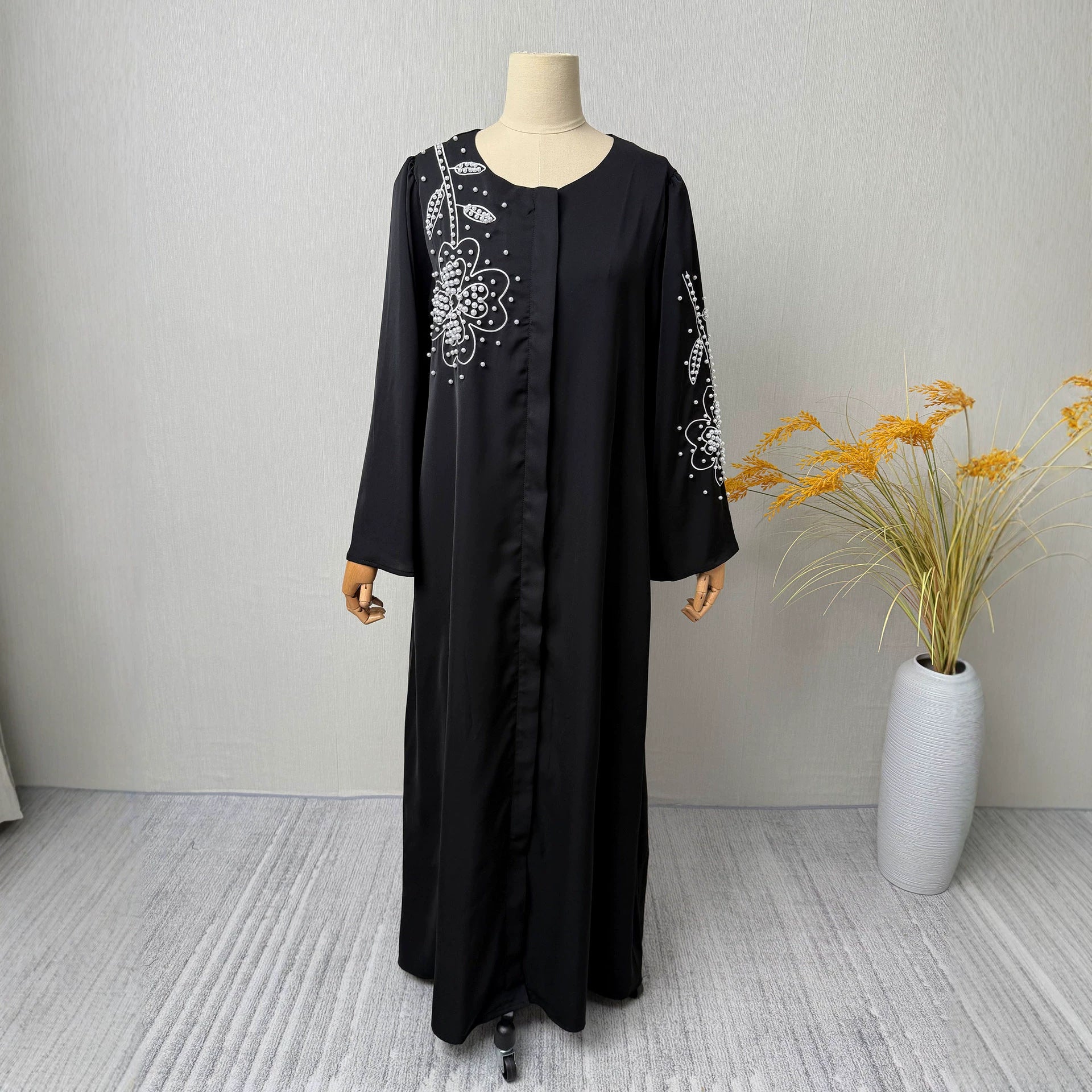 Black Zippered Embroidered Open Outerwear Maxi Abaya Dress Jalabiya Modest Long Dress for Eid Ramadan Evening Party Gown S-XXL