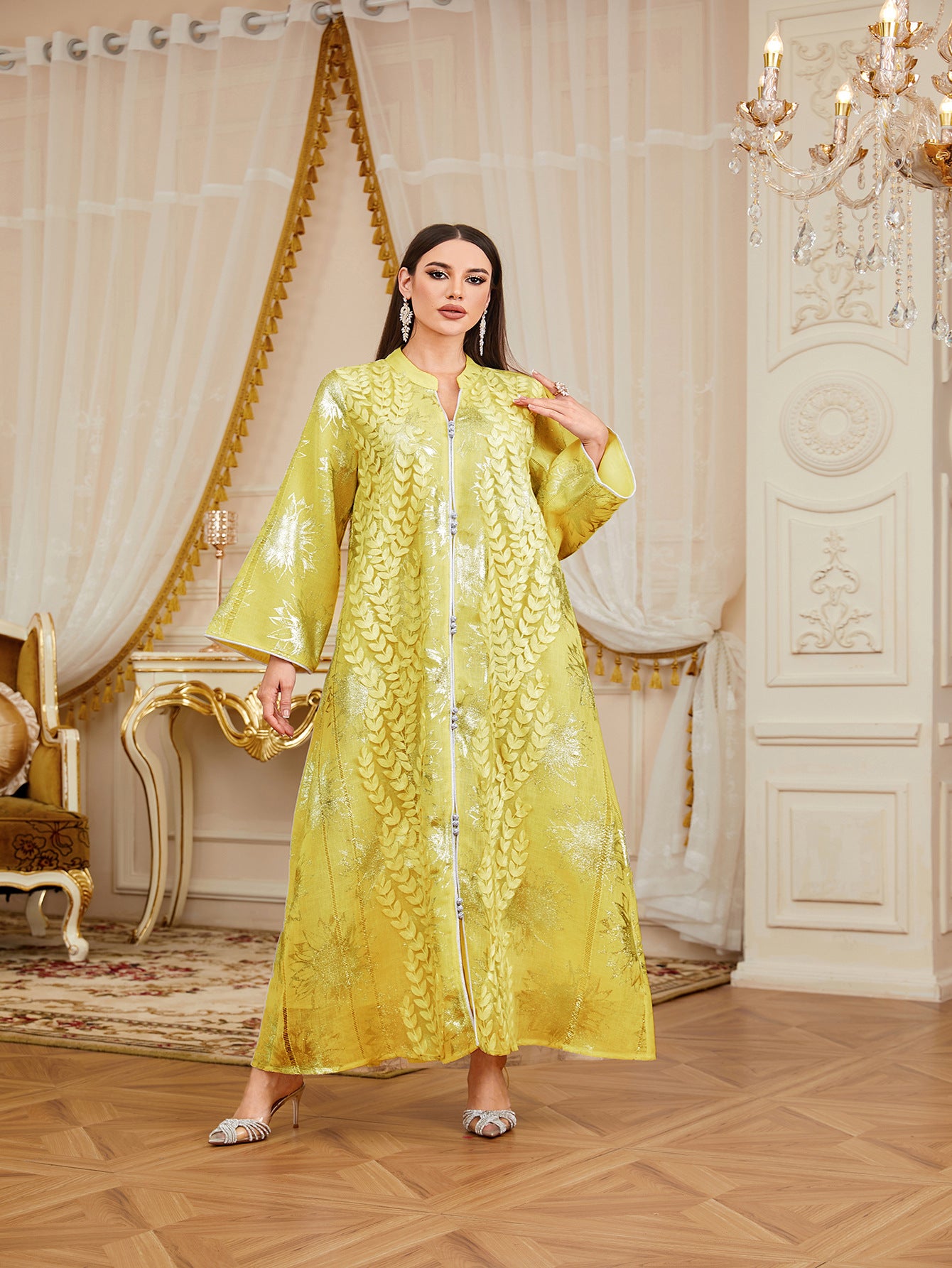 Luxury Embroidered Leaf Applique Mesh Gown Jalabiya Modest Long Maxi Evening Dress for Muslim Women Eid Ramadan S-XXL