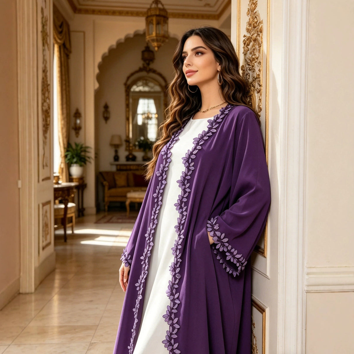 Delicate Lace Trim Embroidered Open Front Abaya Cardigan Modest Long Maxi Gown for Muslim Women Festive Banquet Party - 216