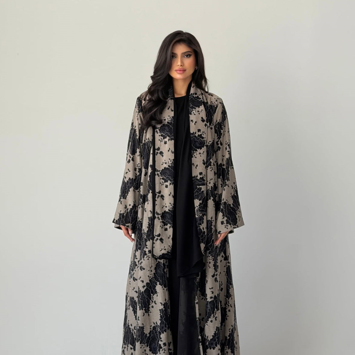Black Lace Embellished Maxi Abaya with Hijab Two-Piece Set - Plus Size