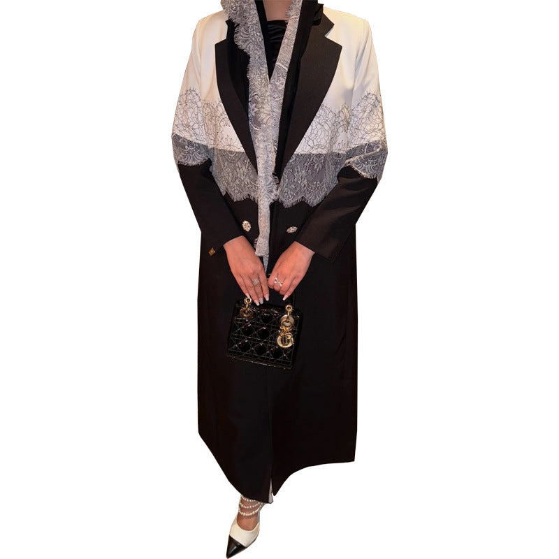 Black Lace Patchwork Long Open Abaya with Hijab Set