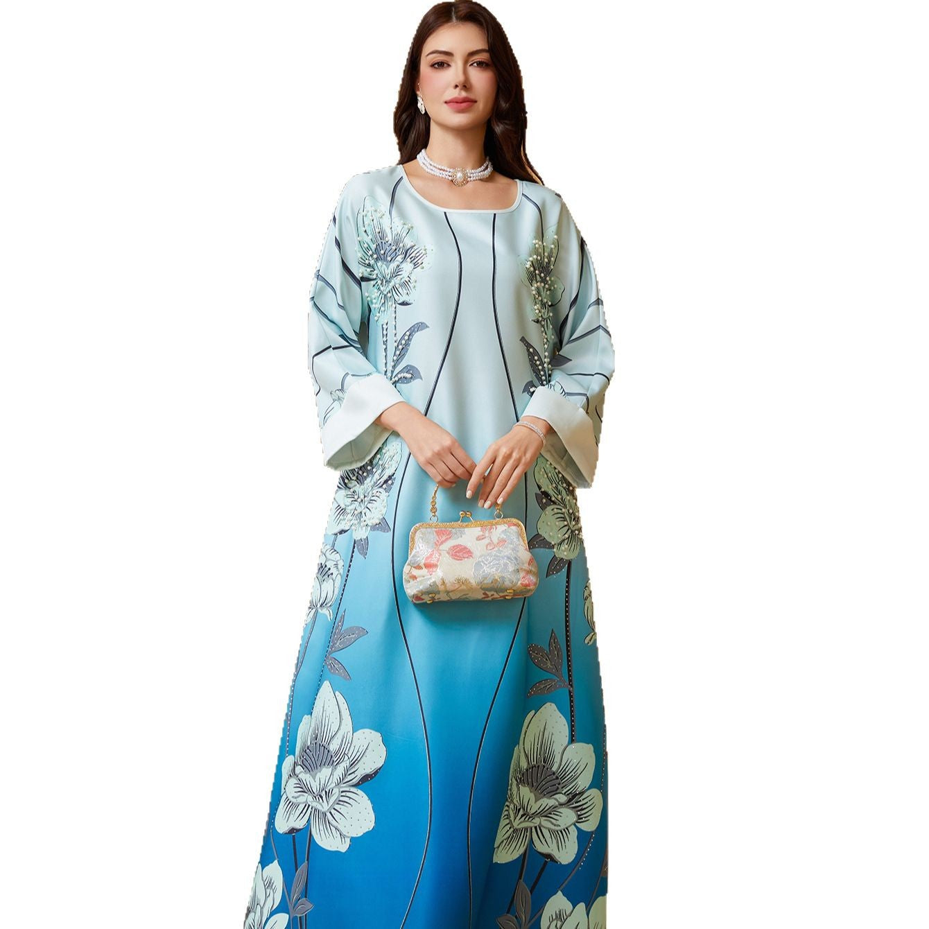 Sky Blue Rhinestone Beaded Round Neck Floral Maxi Dress
