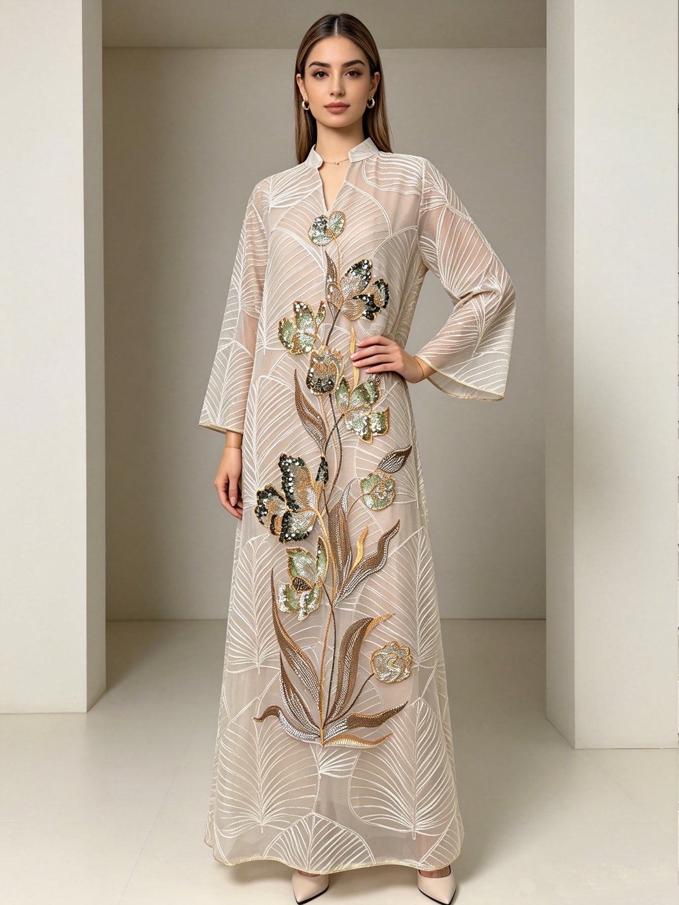 Apricot Emerald Green and Wine Red Leaf Pattern Embroidered Maxi Abaya