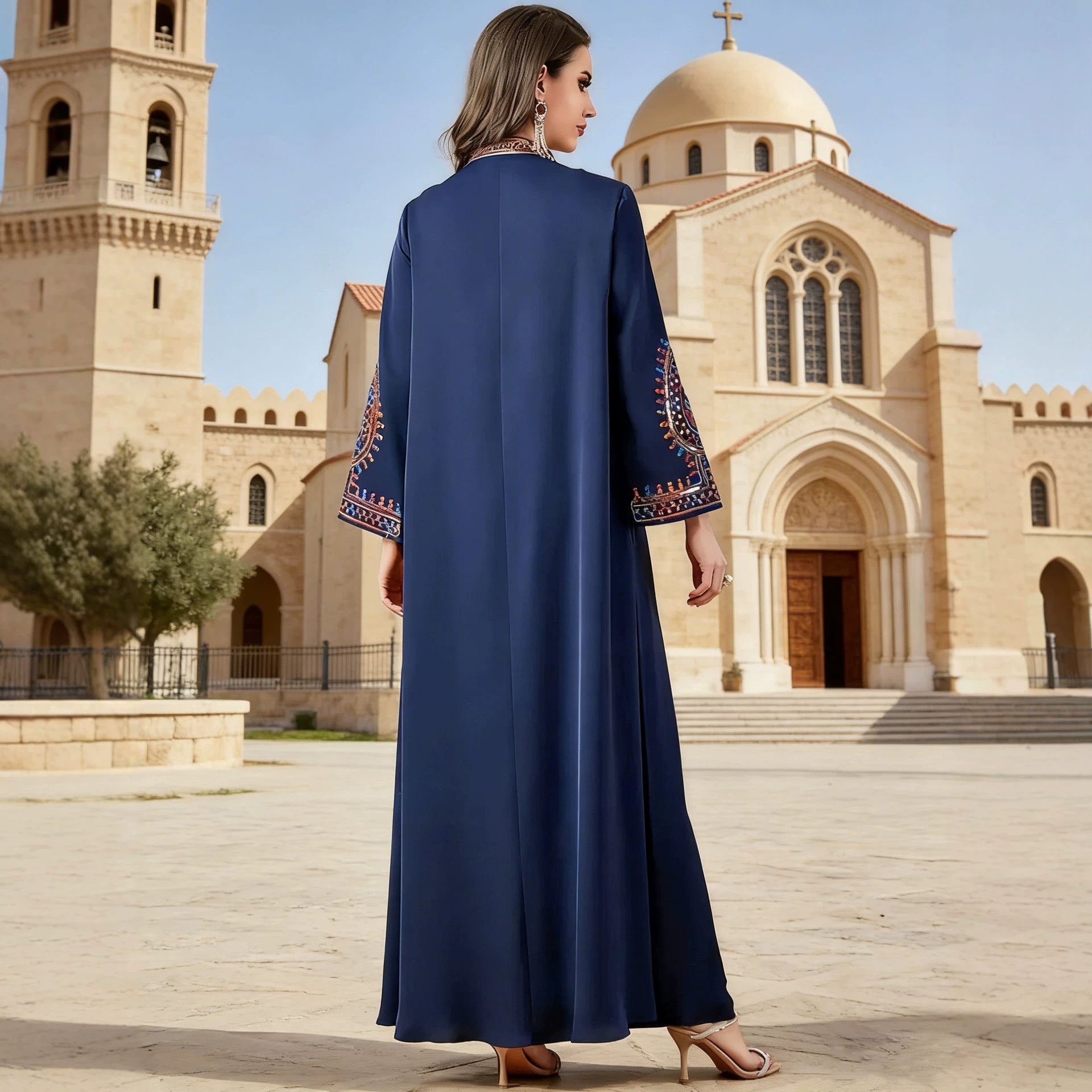 Cord Embroidered Ethnic Kaftan Robe Dress Jalabiya Modest Long Maxi Gown for Muslim Women Eid Ramadan Celebration S-XXL