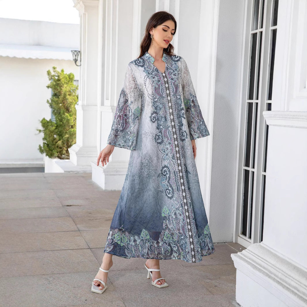 Stunning Blue Rhinestone Abaya – Modest Muslim Embroidered Maxi