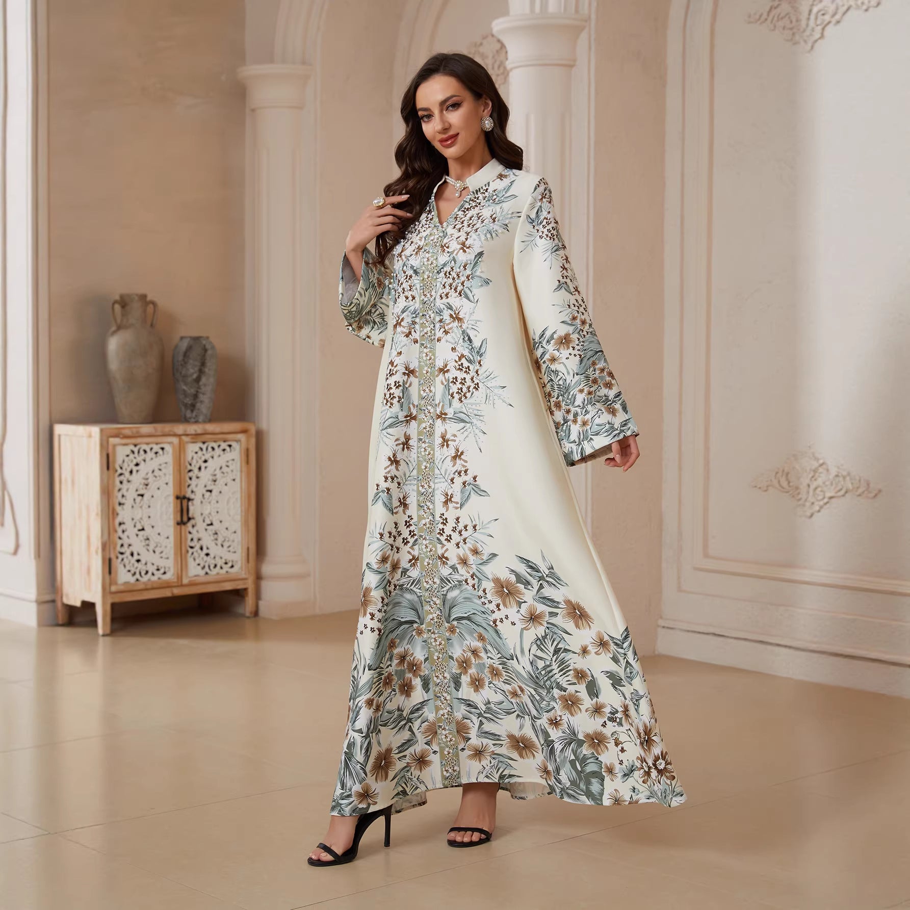 Confident Light Yellow Print Kaftan – Modest Muslim Plus-Size Maxi
