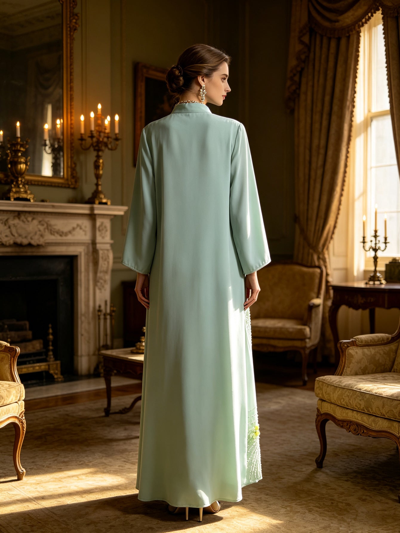 Mint Green Stand Collar Beaded Floral Applique Maxi Abaya Dress Jalabiya Modest Long Dress for Muslim Women Ramadan Prayer Casual Wear S-XXL