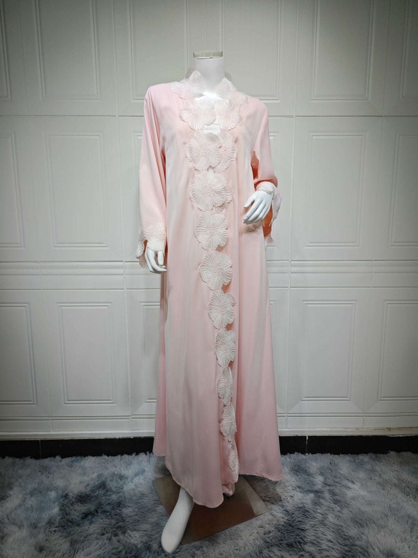 Pink Floral Applique Embellished Open Long Maxi Abaya Dress - Plus Size