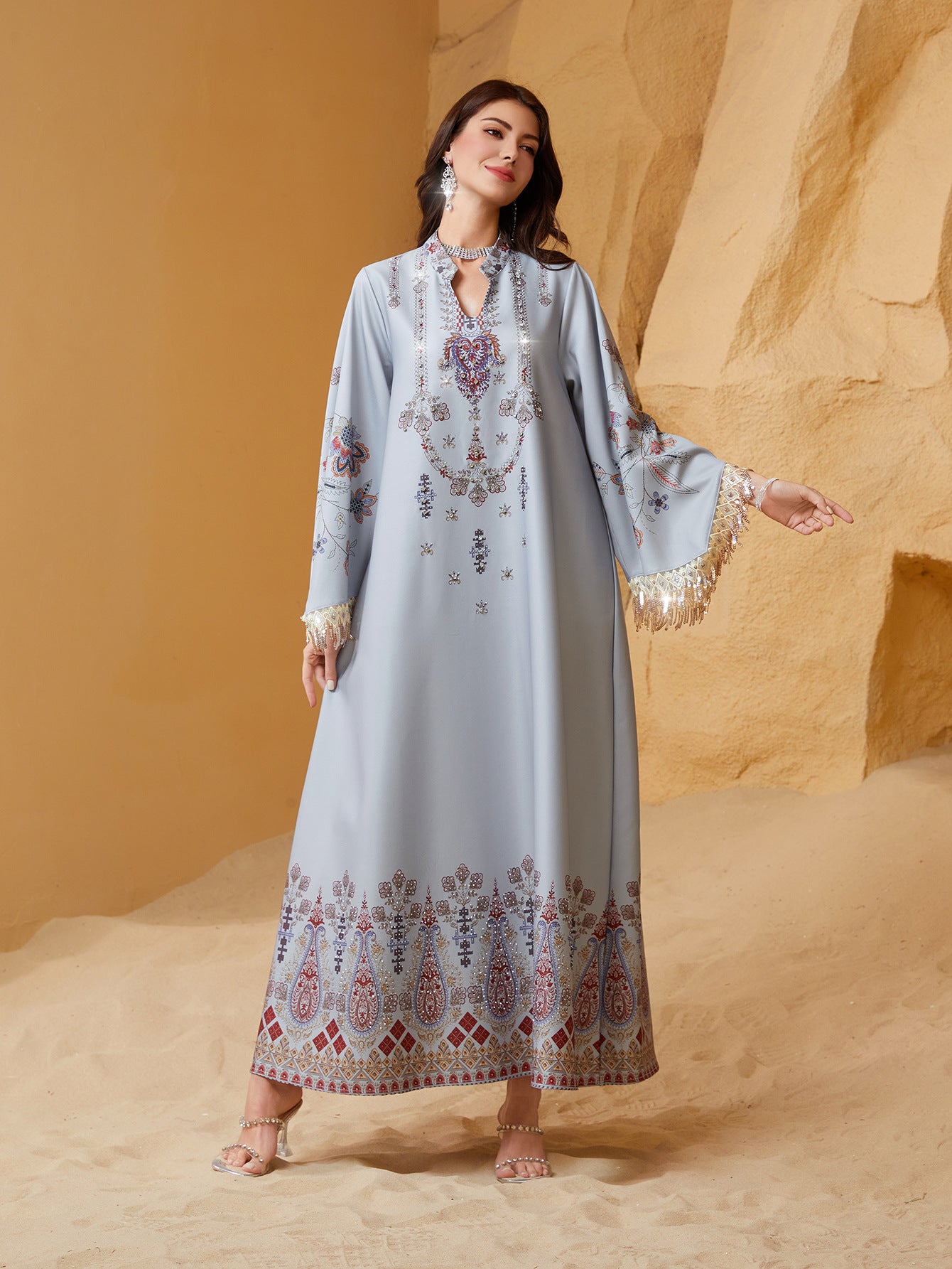 Refined Silver Grey V-Neck Tassel Evening Gown Maxi Abaya Ramadan