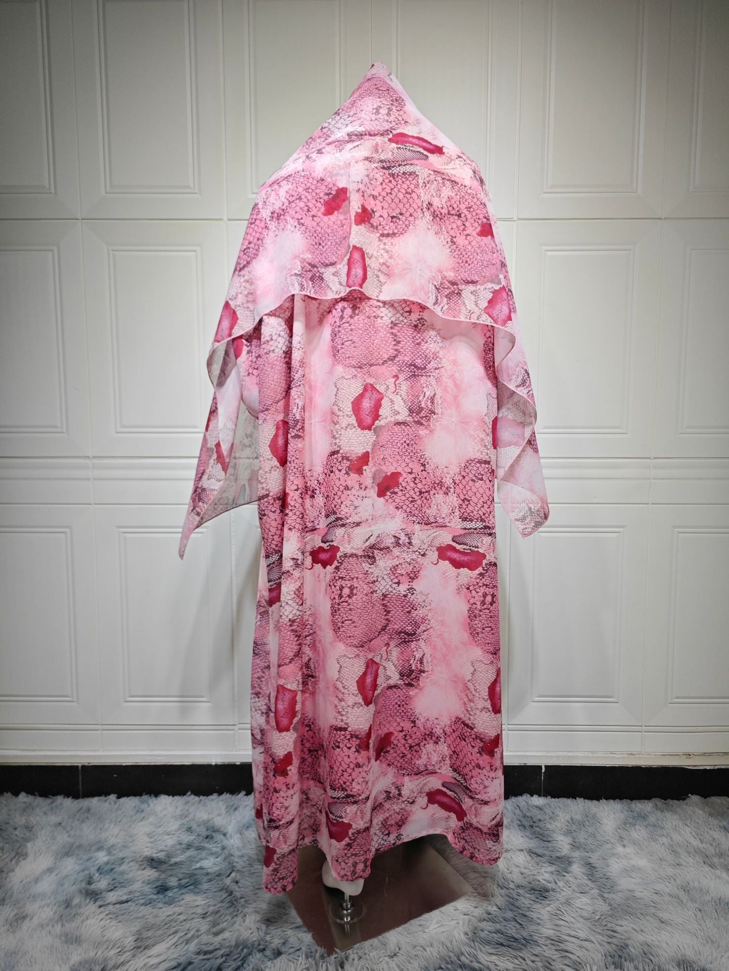 Pink Chiffon Floral Print Open Outerwear Maxi Dress with Hijab Two-Piece Set