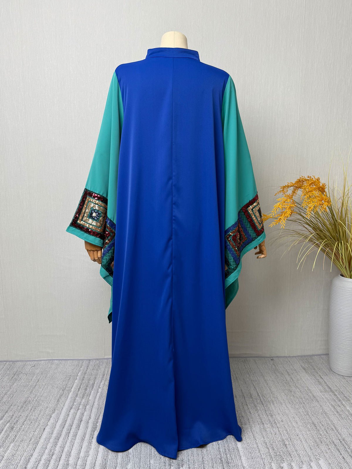 Blue Color Block Sequin Embroidered Stand Collar Gown Long Maxi Dress Modest Muslim Banquet