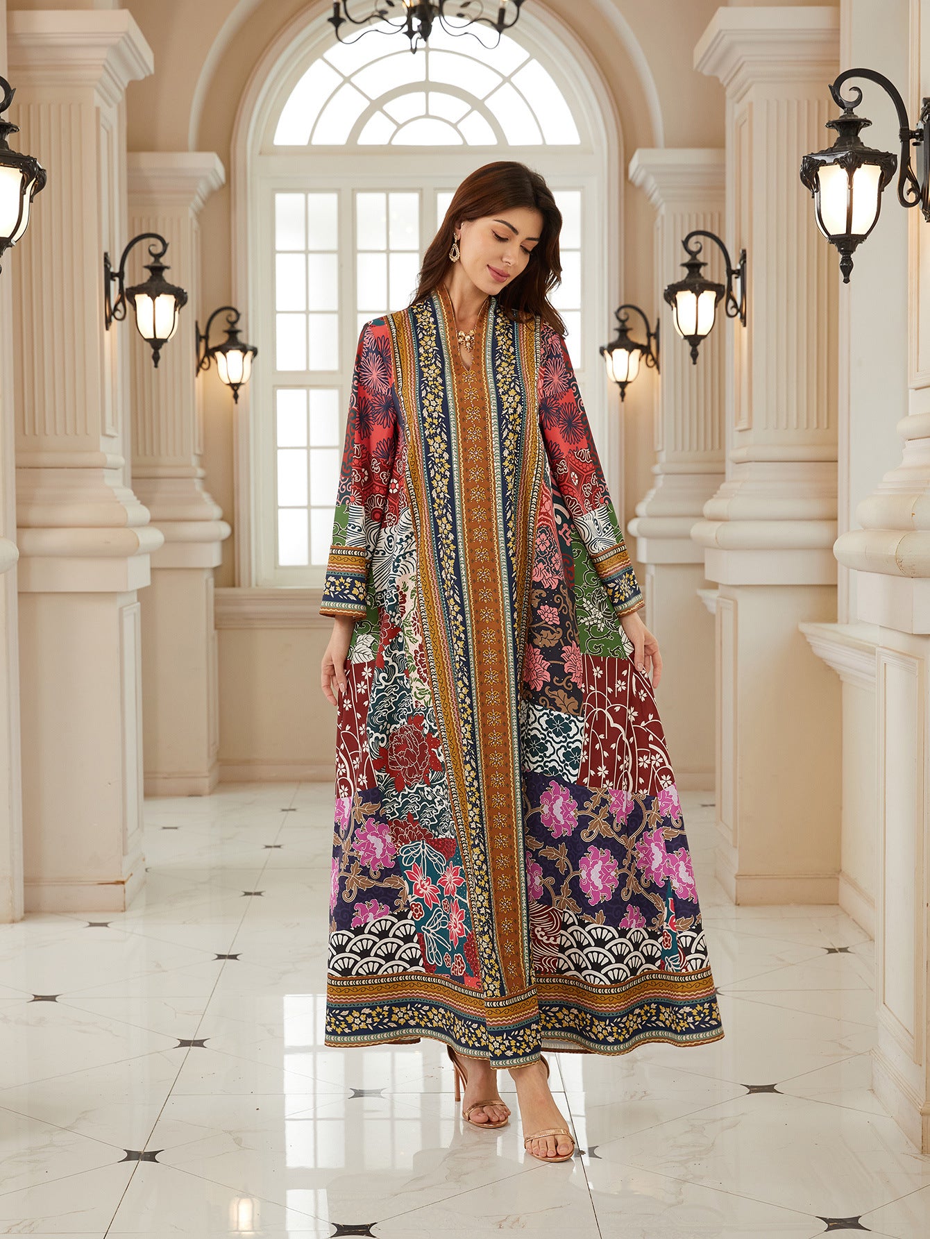 Radiant Floral Jalabiya – V-Neck Bohemian Modest Maxi Dress