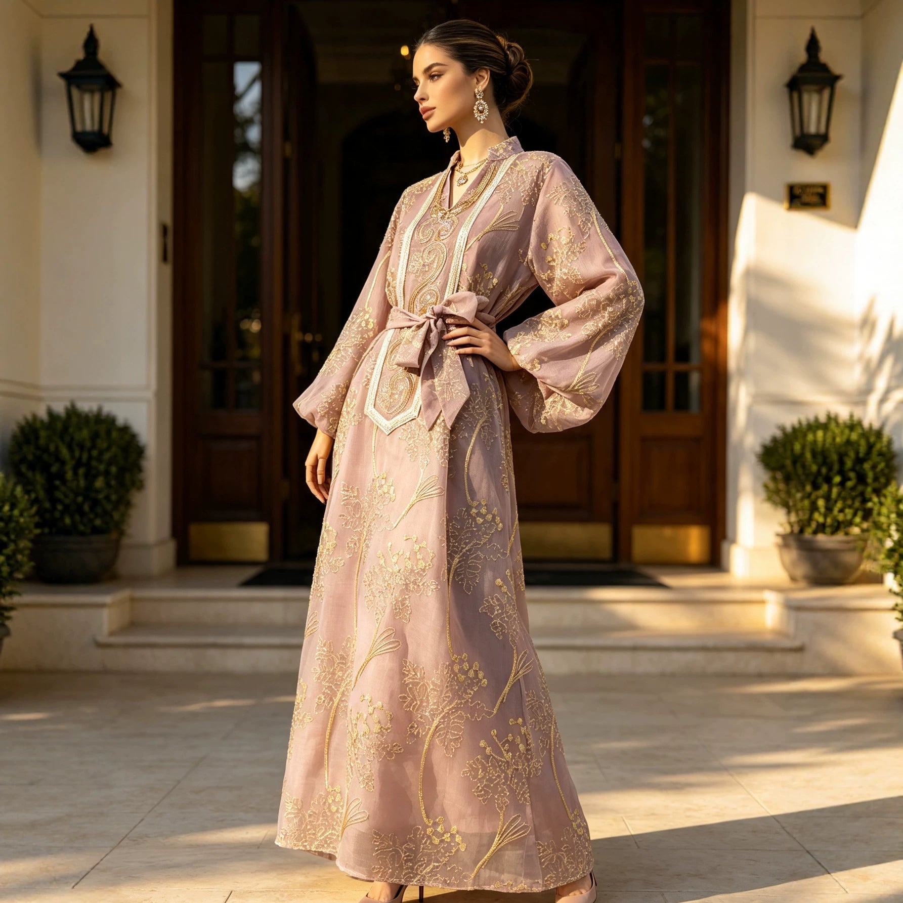 Luxury Gold Embroidered High Neck Abaya Dress Lantern Sleeve Belted Kaftan Modest Long Maxi Evening Gown Eid Ramadan S-XXL