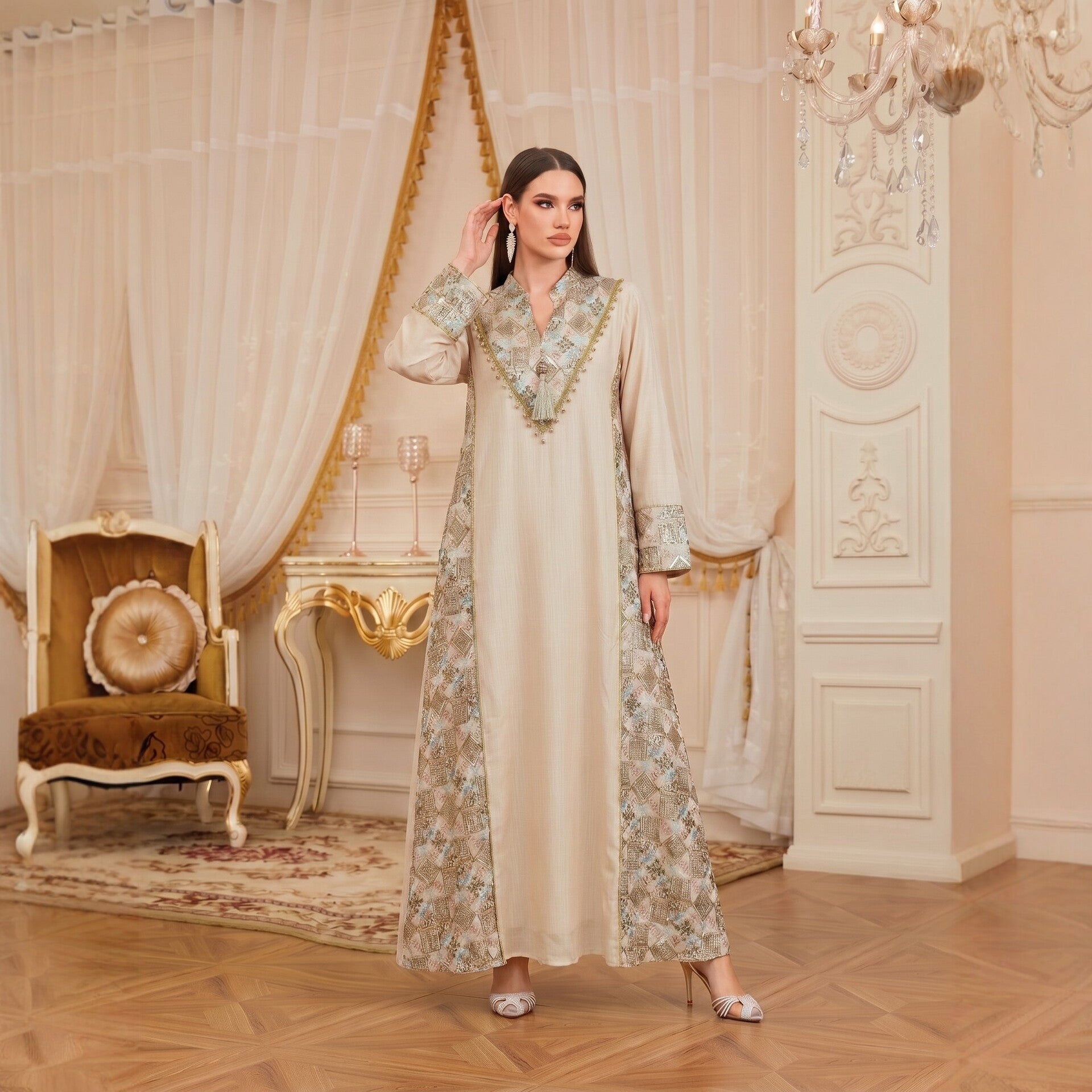 White Apricot Light Blue V-Neck Embroidered Pendant Evening Maxi Abaya