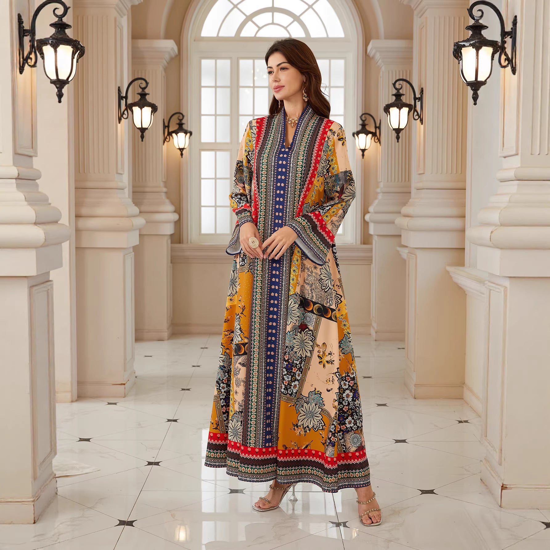 Charming Floral Jalabiya – V-Neck Long-Sleeve Modest Dress