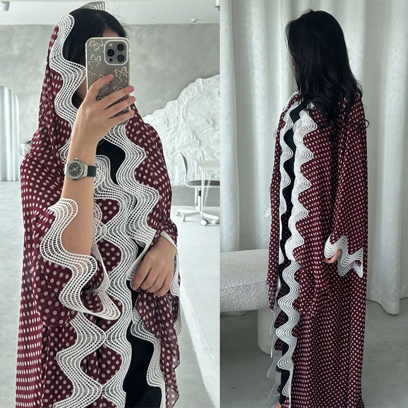 Red Polka Dot Chiffon Floral Print Ruffle Hem Abaya with Hijab Two-Piece Set