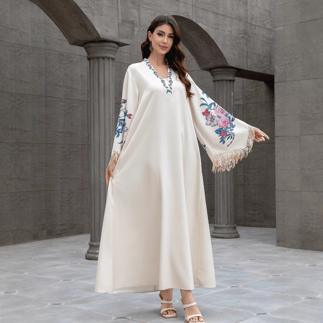 Exquisite Apricot Embroidered Kaftan – V-Neck Muslim Maxi