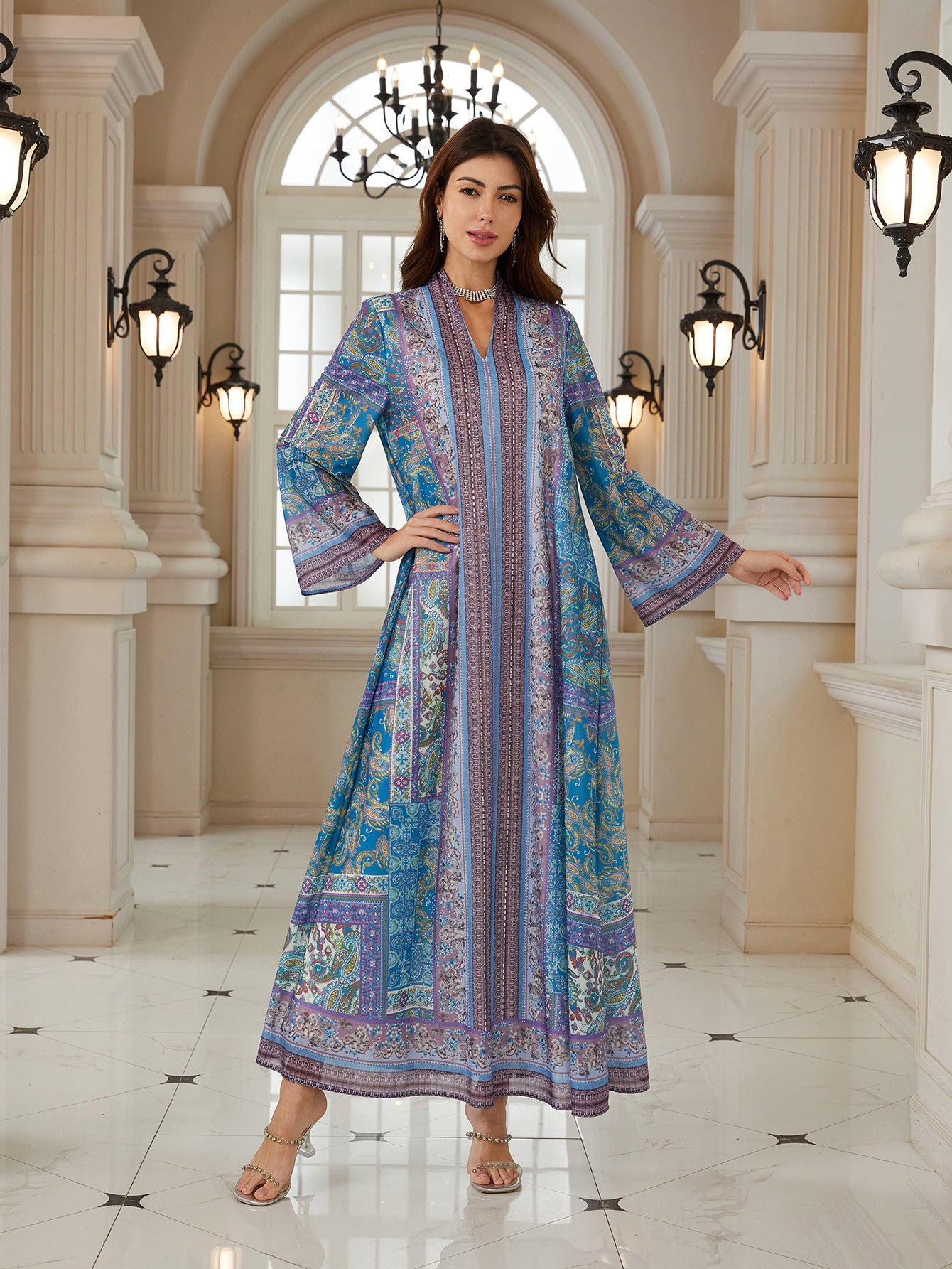 Blue Floral Print Plus Size Abaya - Modest Muslim Dress Ramadan Eid